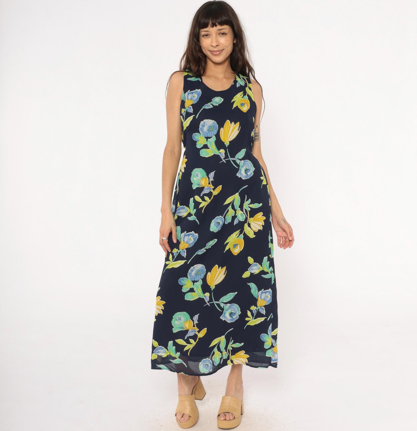 90s Bentley Floral Maxi Dress Navy Blue Yellow Green Scoop Neck Large L
