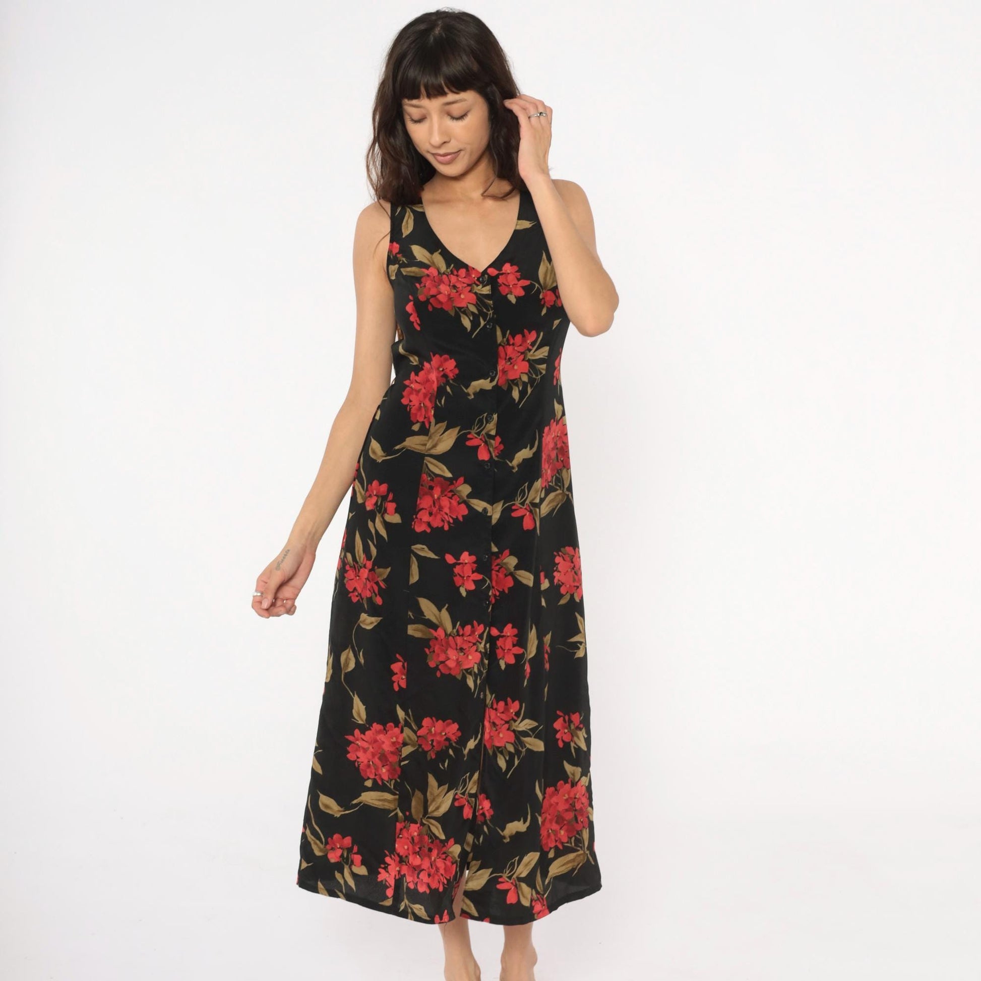 90s Expressions Floral Maxi Dress Black Red Coral Sleeveless V-Neck Medium