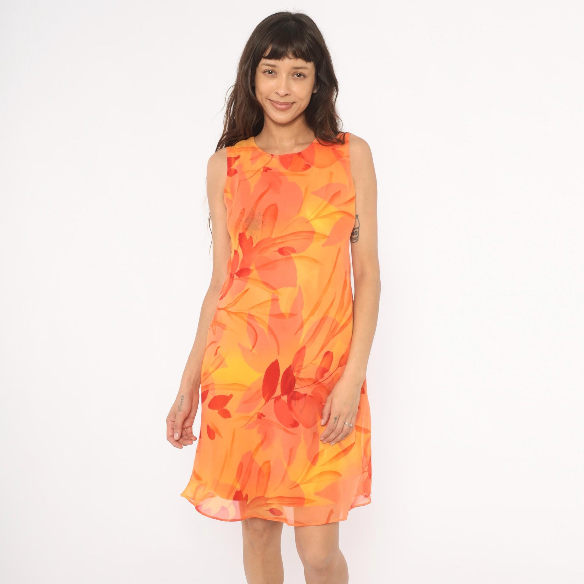90s Jessica Howard Orange Floral Chiffon Shift Dress Medium M