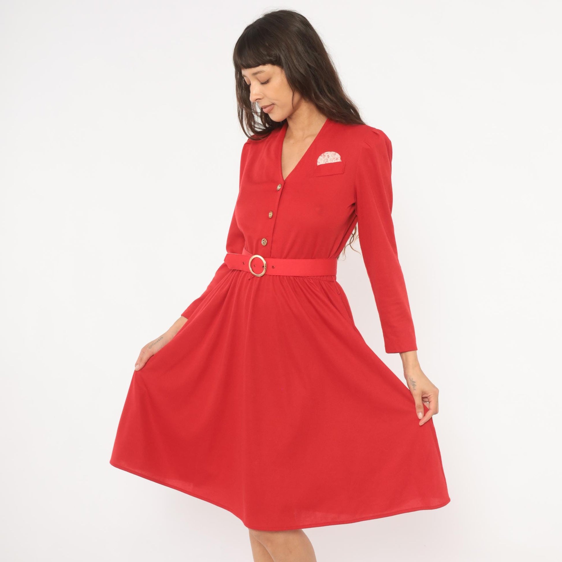 80s Tabby of California Red Day Dress Puff Sleeve V-Neck Gold Buttons Small S