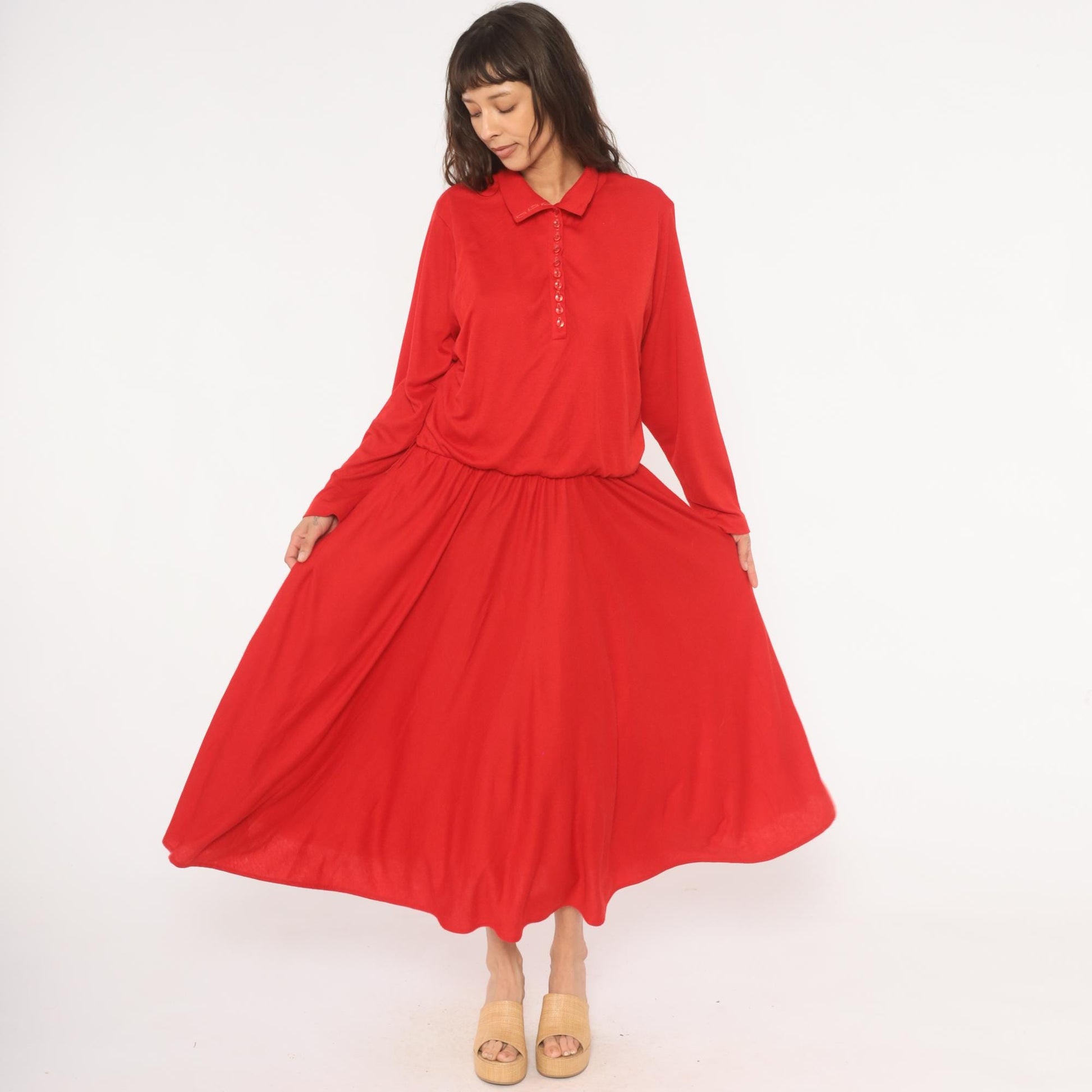 90s Positive Attitude Red Polo Dress Maxi Gathered Waist Long Sleeve Large L
