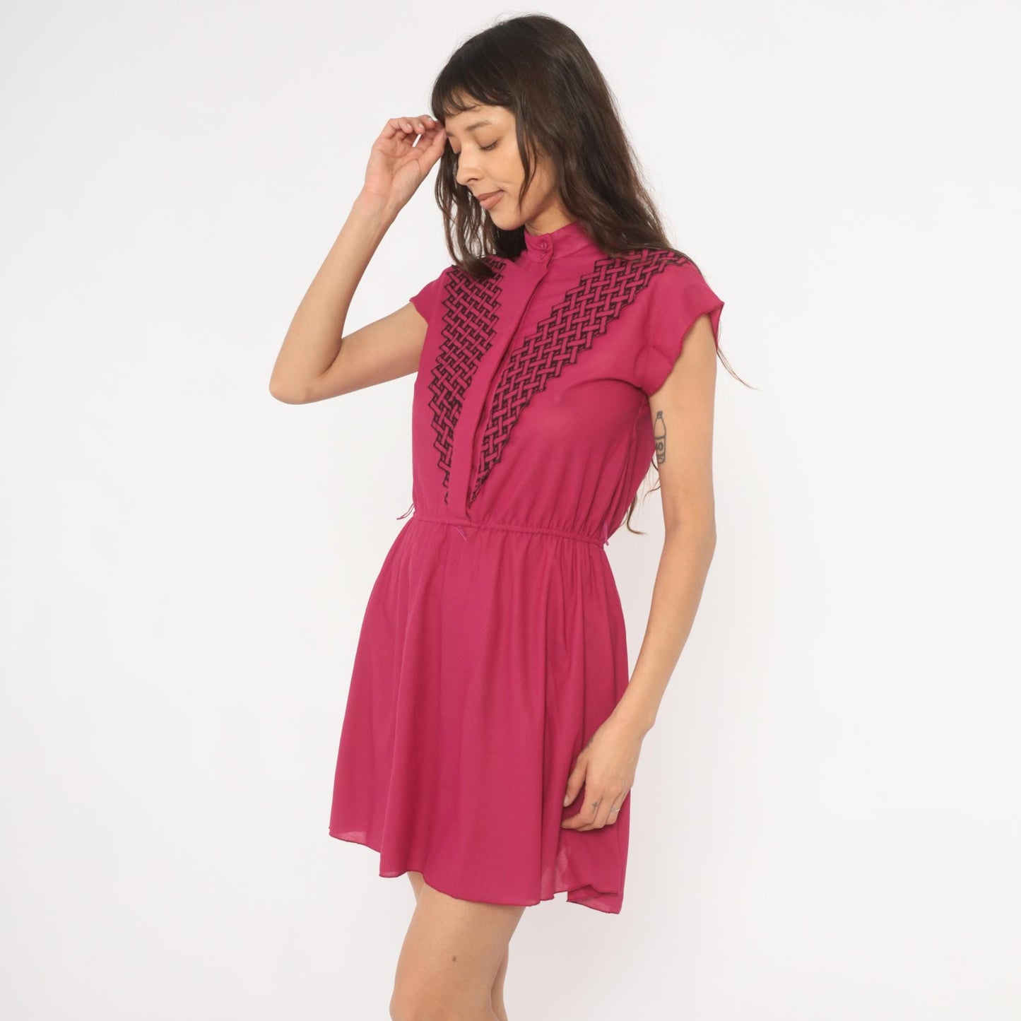 80s Good News from California Fuchsia Mini Dress Mandarin Collar Geometric Embroidery Small S