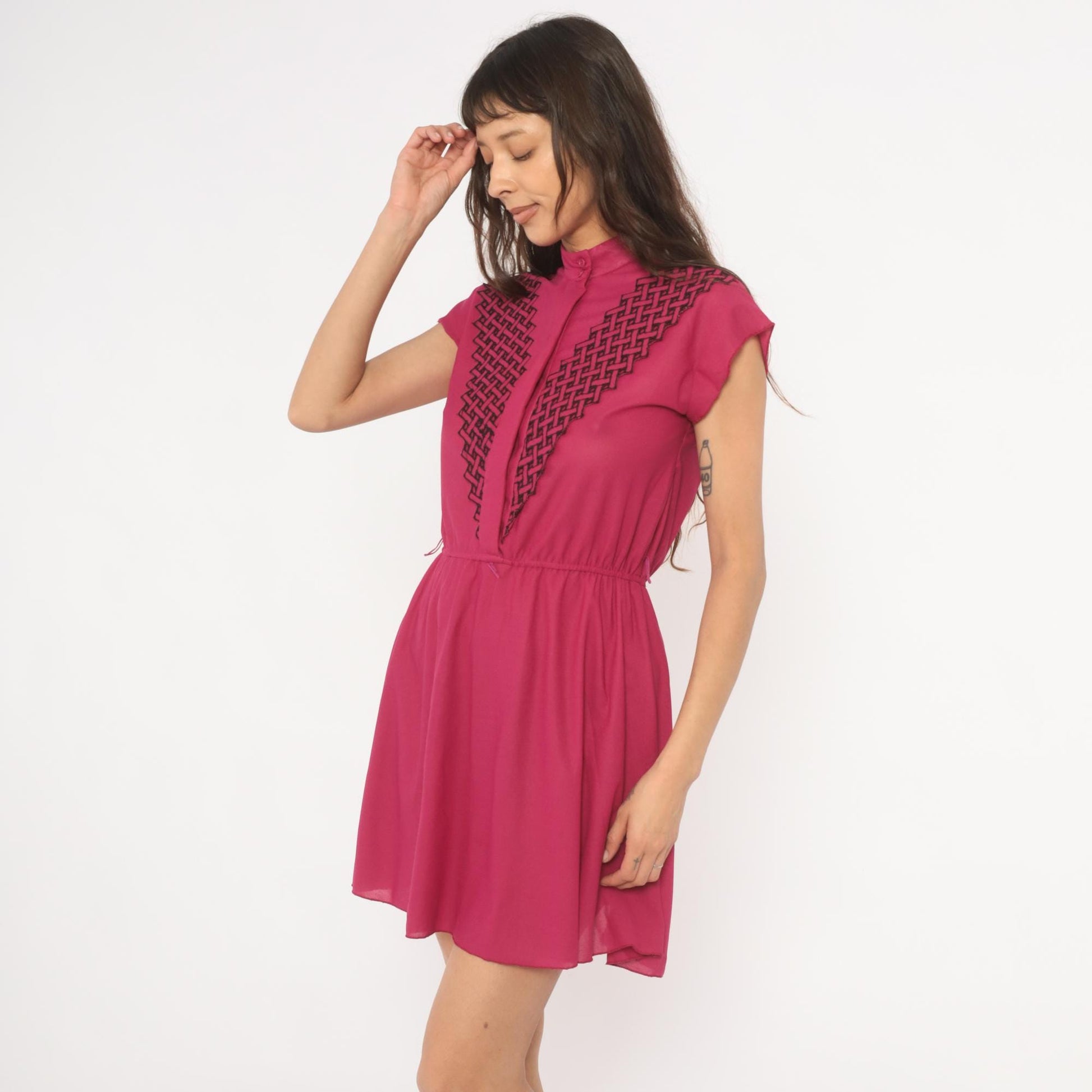80s Good News from California Fuchsia Mini Dress Mandarin Collar Geometric Embroidery Small S