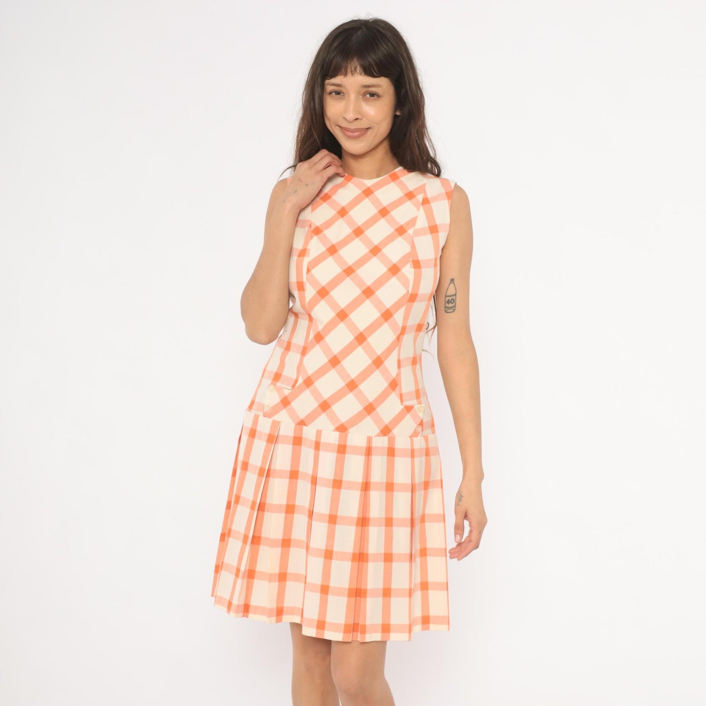 60s Orange Cream Gingham Drop Waist Dress Pleated Sleeveless Shift Small