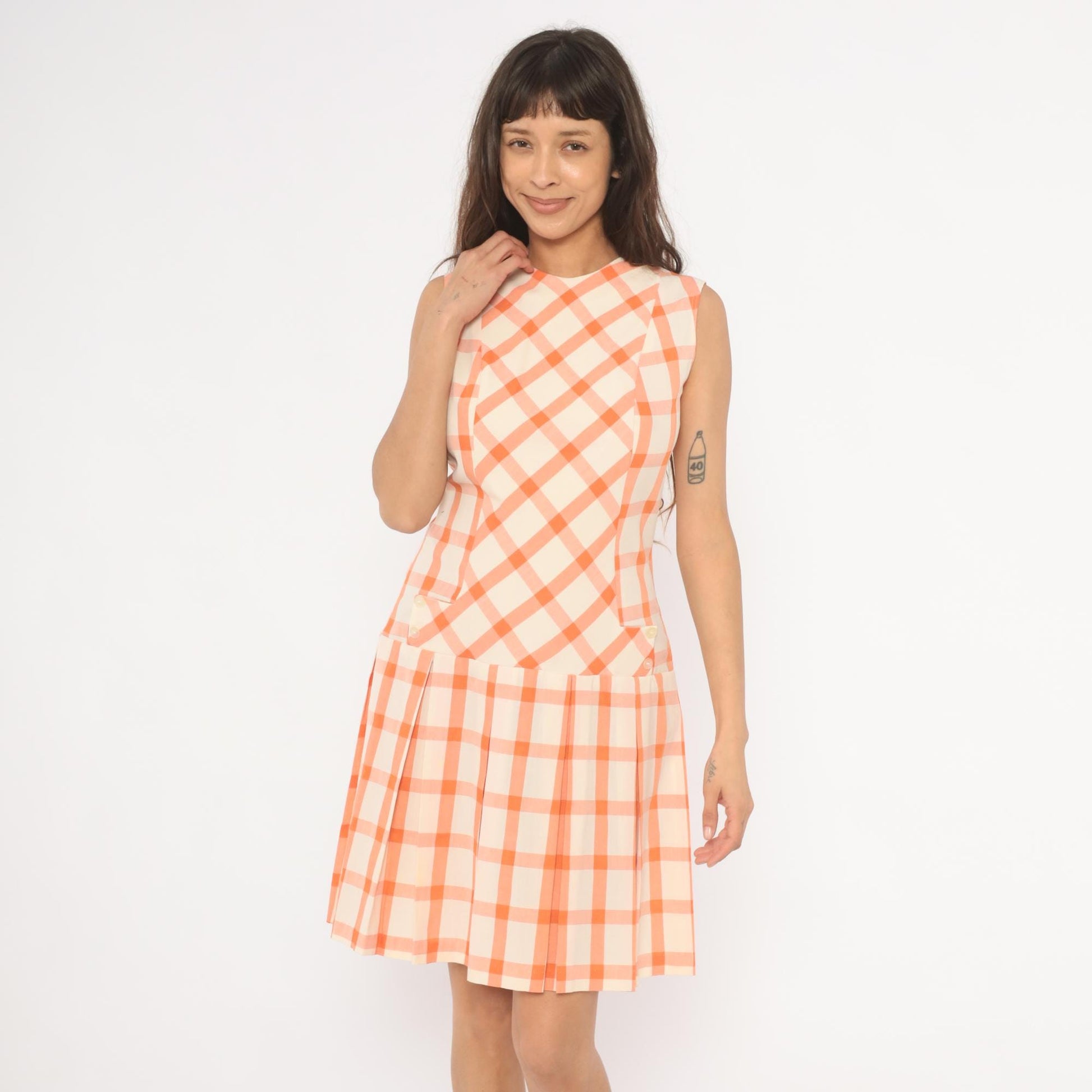 60s Orange Cream Gingham Drop Waist Dress Pleated Sleeveless Shift Small