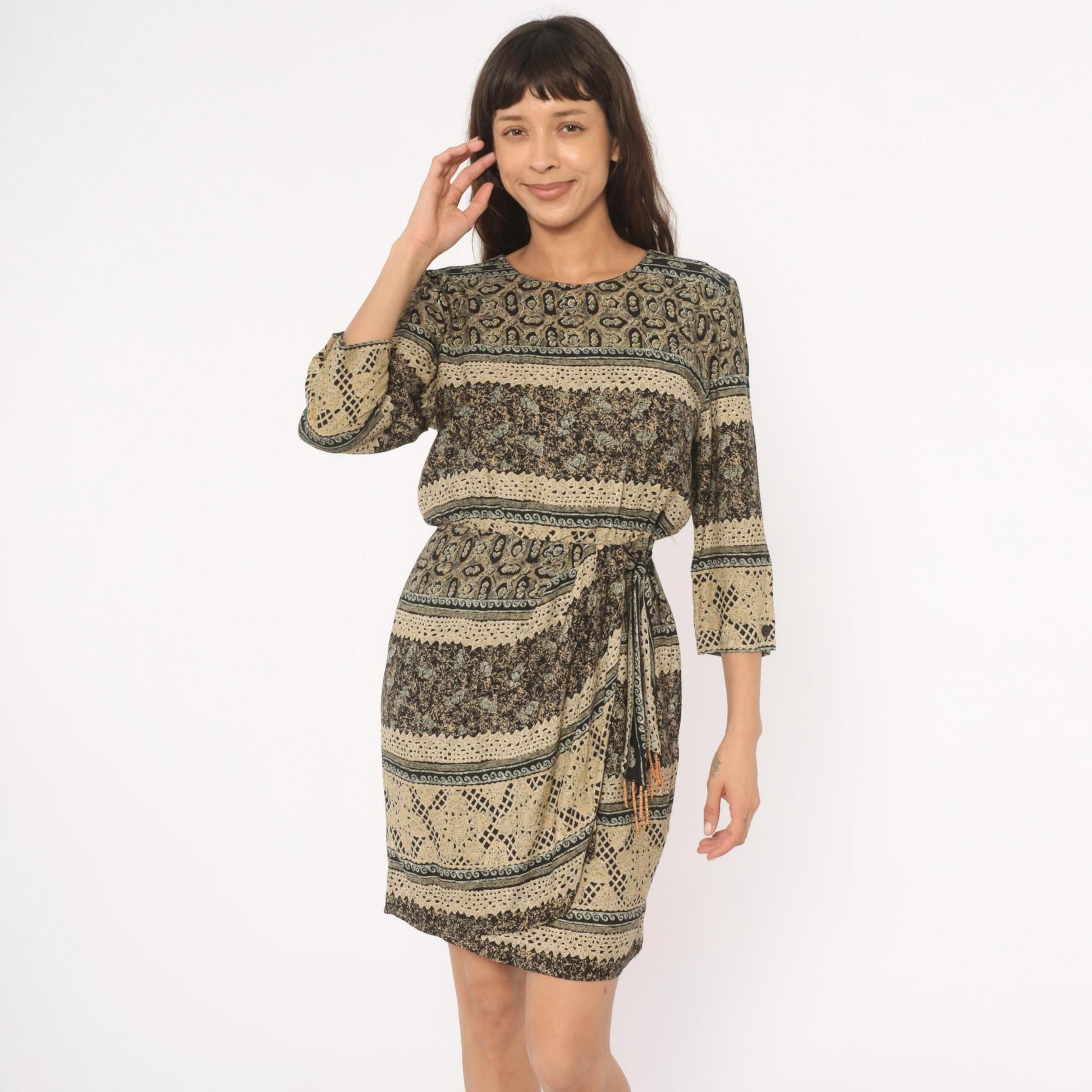 90s RJ Stevens Mini Dress Paisley Floral Stripe Black Tan Olive Medium M