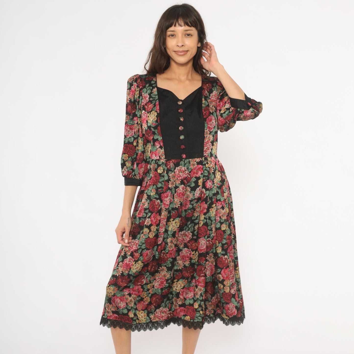 90s Rose Dirndl Dark Floral Midi Dress Black Sweetheart Neckline Medium M