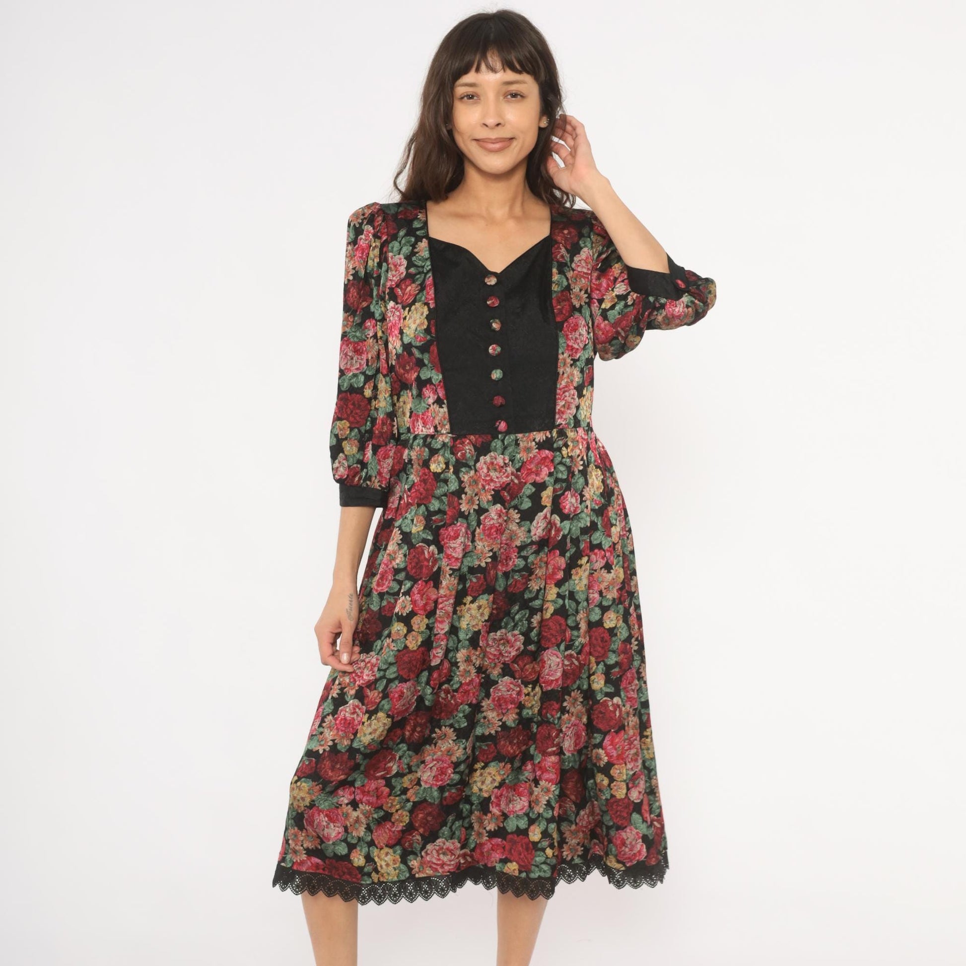 90s Rose Dirndl Dark Floral Midi Dress Black Sweetheart Neckline Medium M