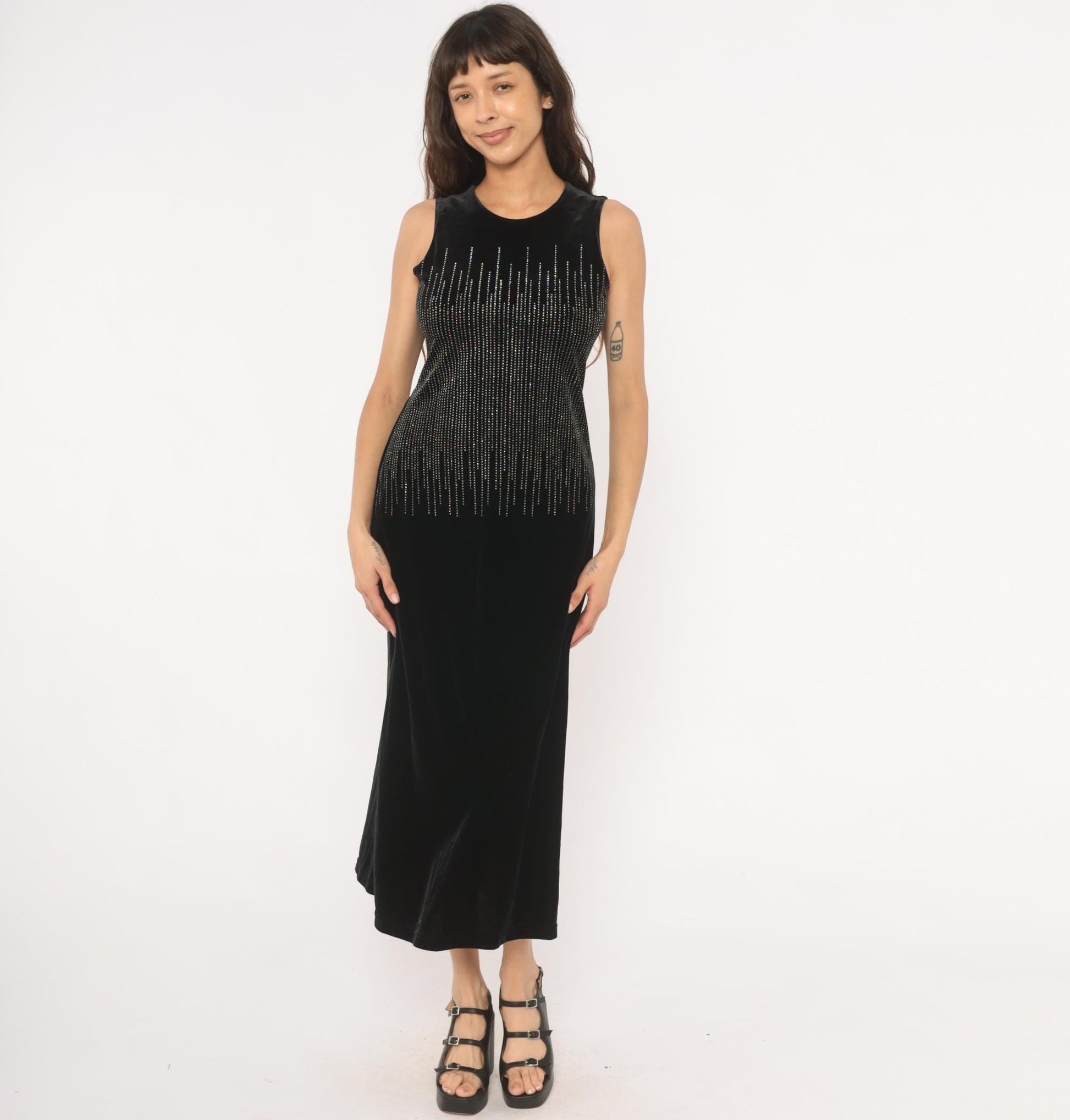 90s Ronni Nicole Black Velvet Midi Dress Silver Beaded Small S