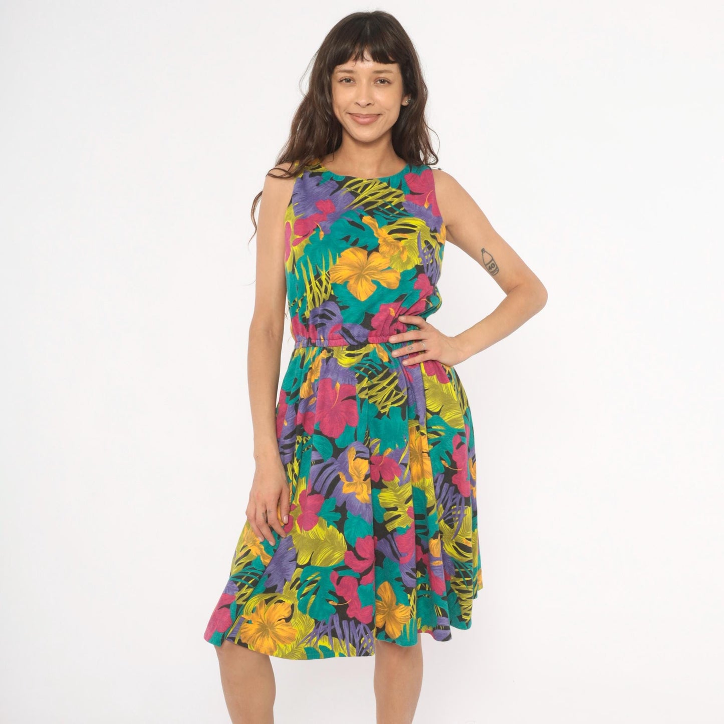 90s Ifi Tropical Floral Sundress Hibiscus Monstera Print Scoop Neck Medium M