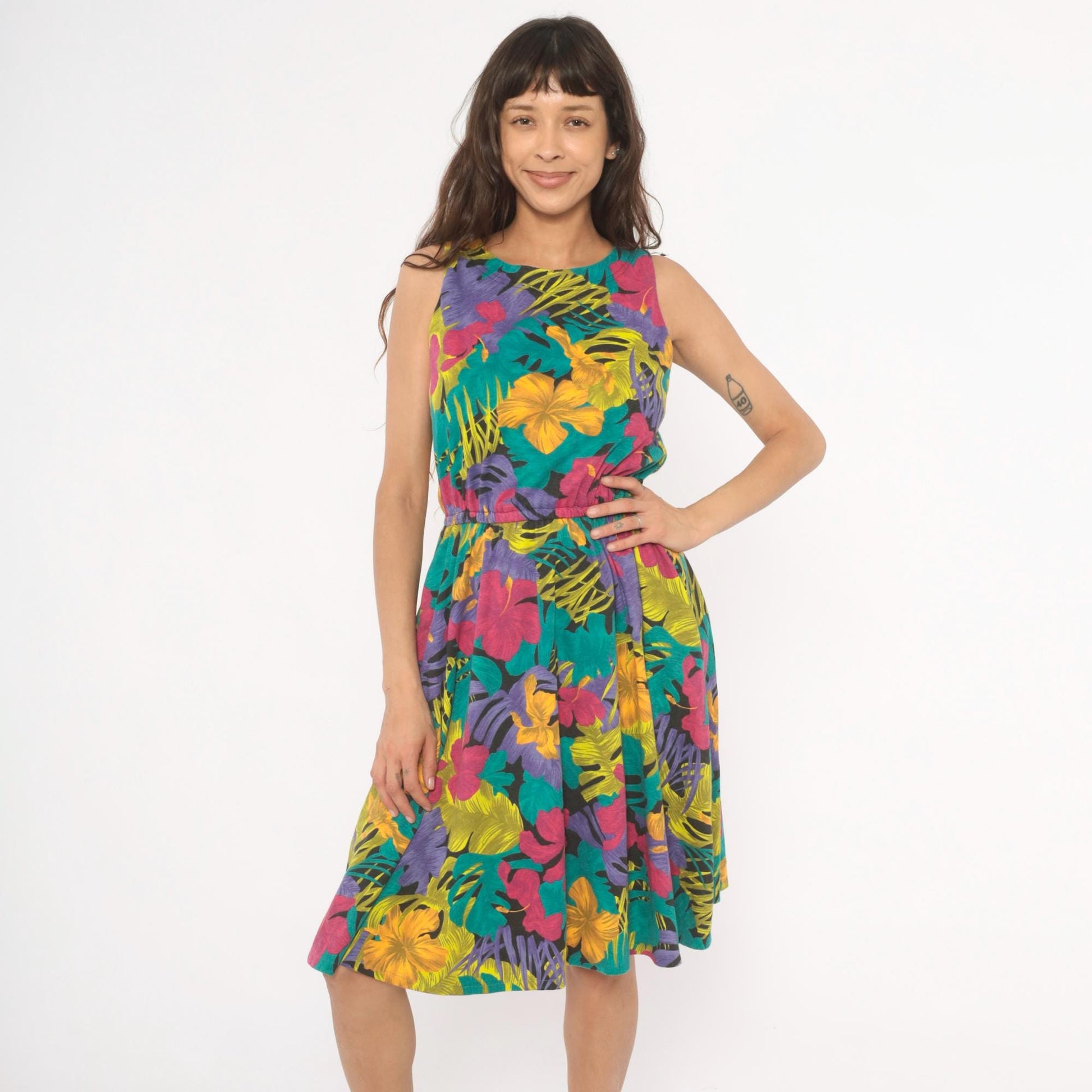 90s Ifi Tropical Floral Sundress Hibiscus Monstera Print Scoop Neck Medium M