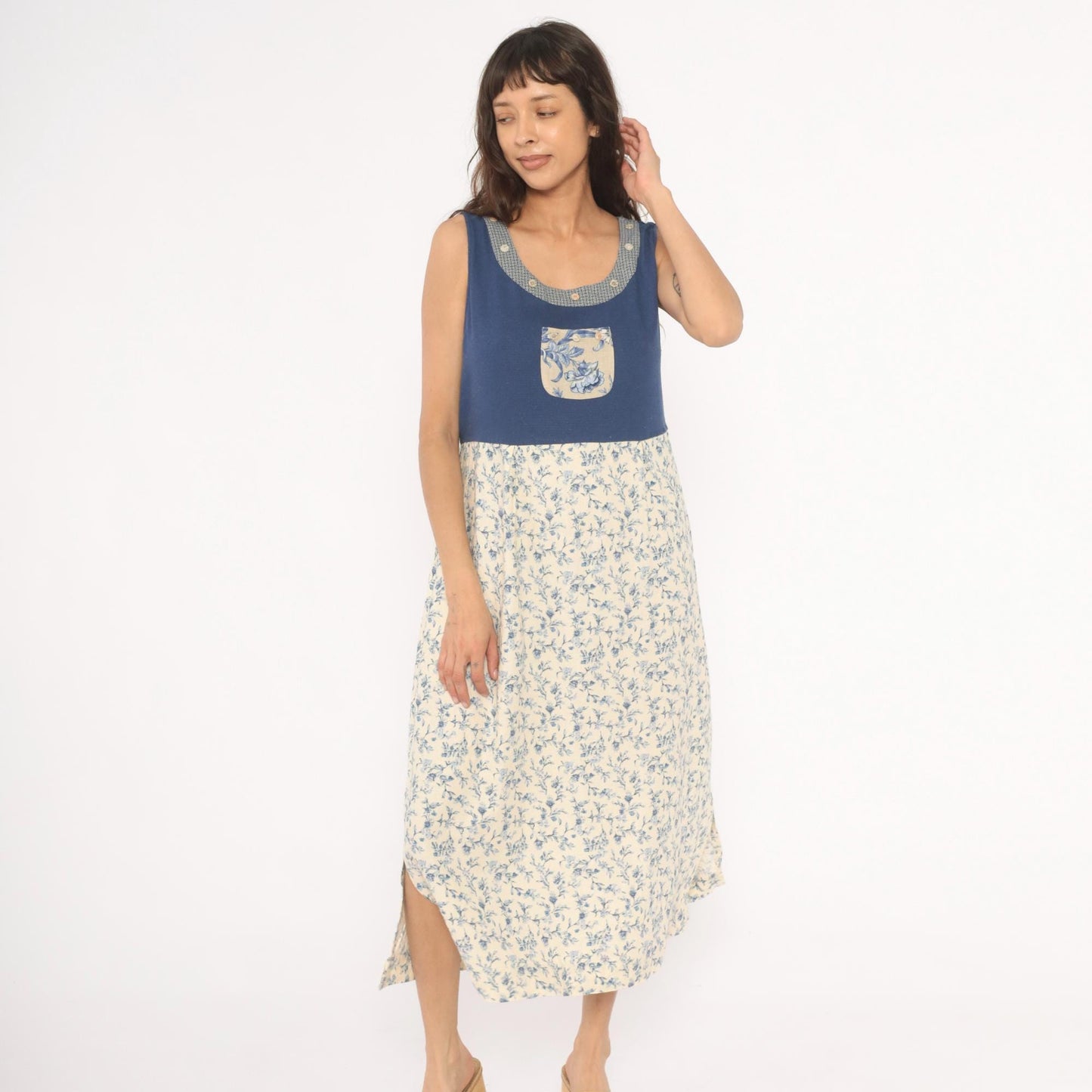 90s Napa Valley Floral Jumper Dress Blue Cream Linen Midi Large L