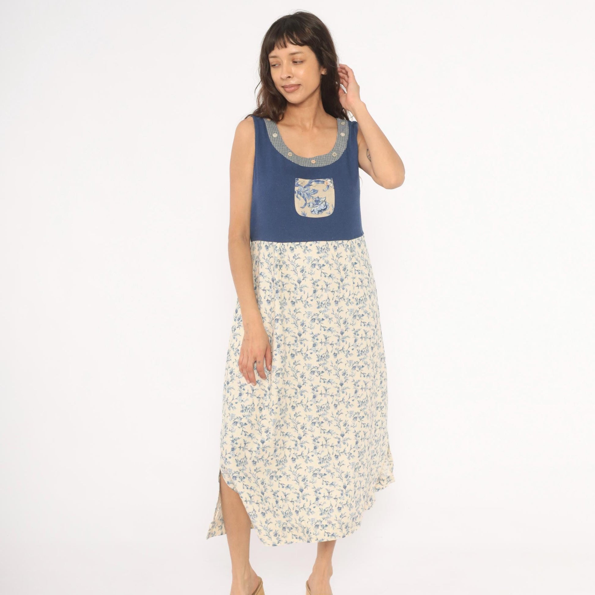 90s Napa Valley Floral Jumper Dress Blue Cream Linen Midi Large L