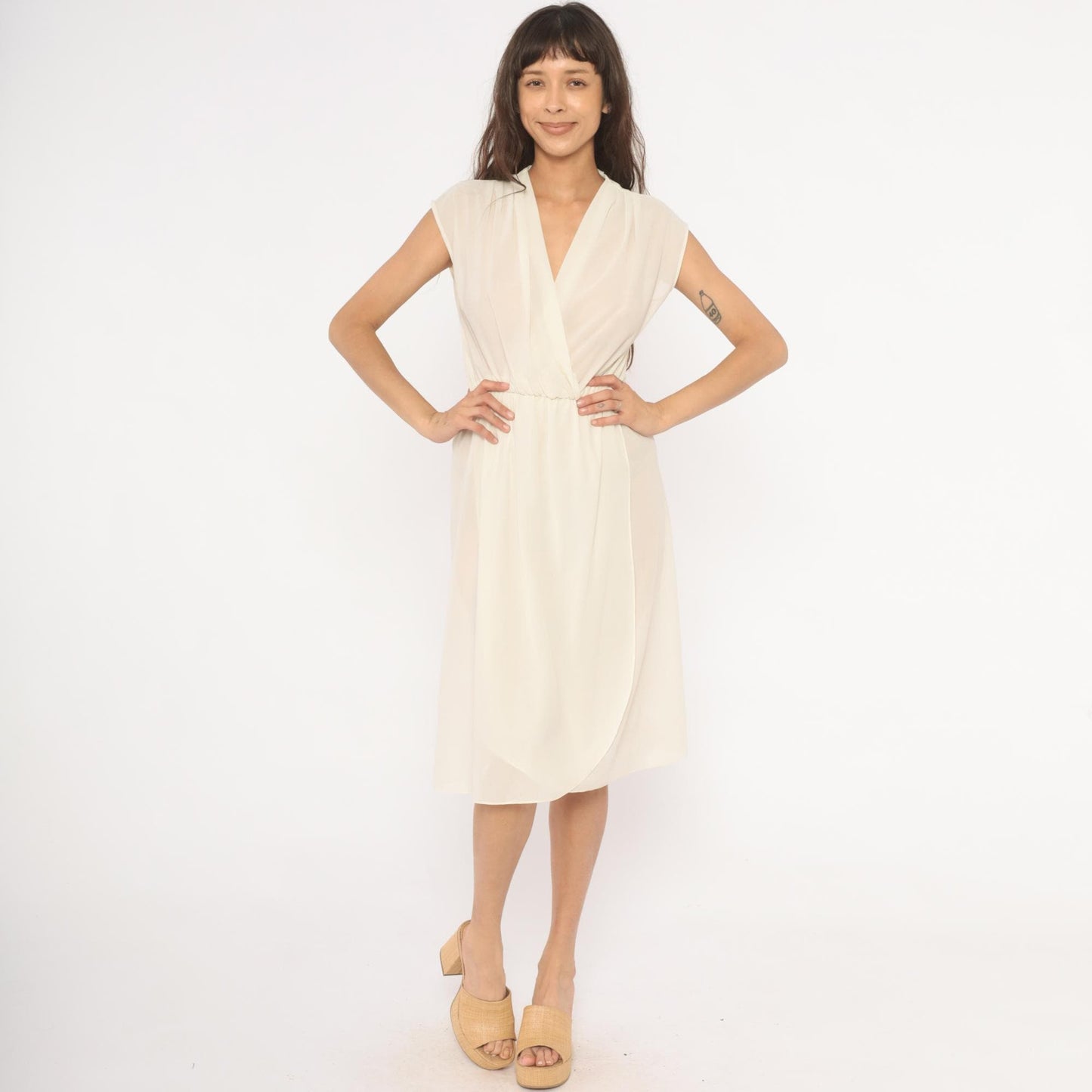 70s Oops Cream Wrap Dress V-Neck Cap Sleeve Midi Ivory Small S