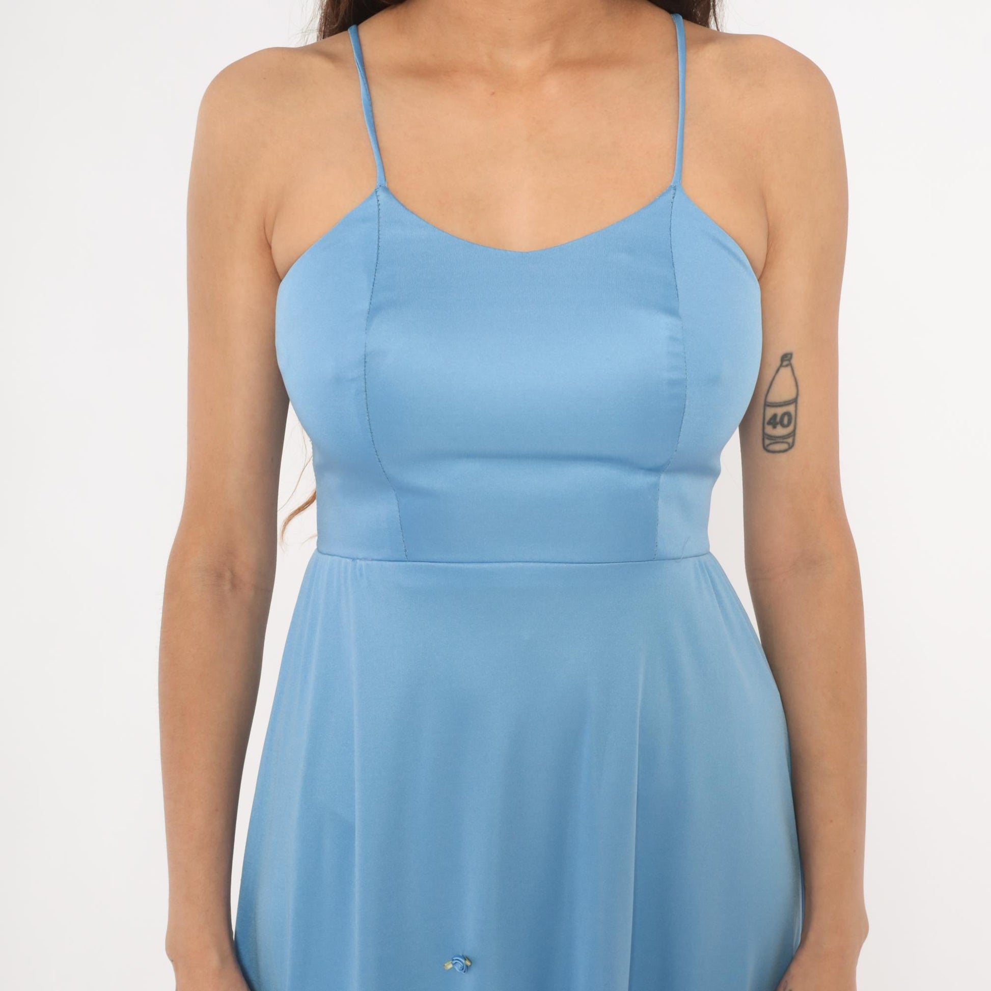 70s Sky Blue Maxi Dress Spaghetti Strap Rosette Detail Side Slit Extra Small XS