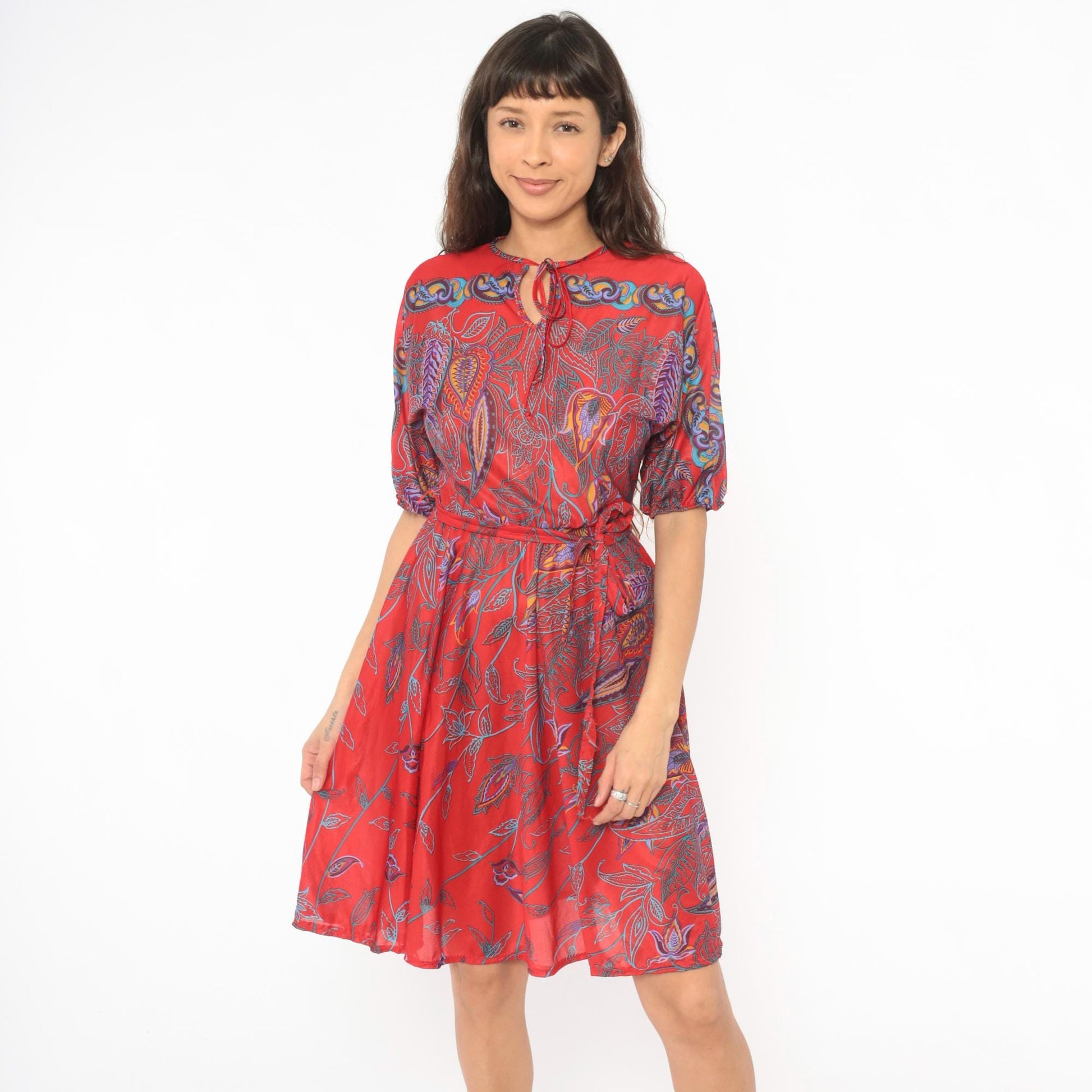 80s NPC Fashions Red Paisley Botanical Tie Neck Dress Knee Length Small Medium