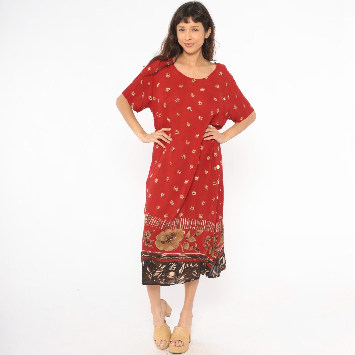 90s Red Floral Maxi Dress Gold Border Button Side Slit Large L