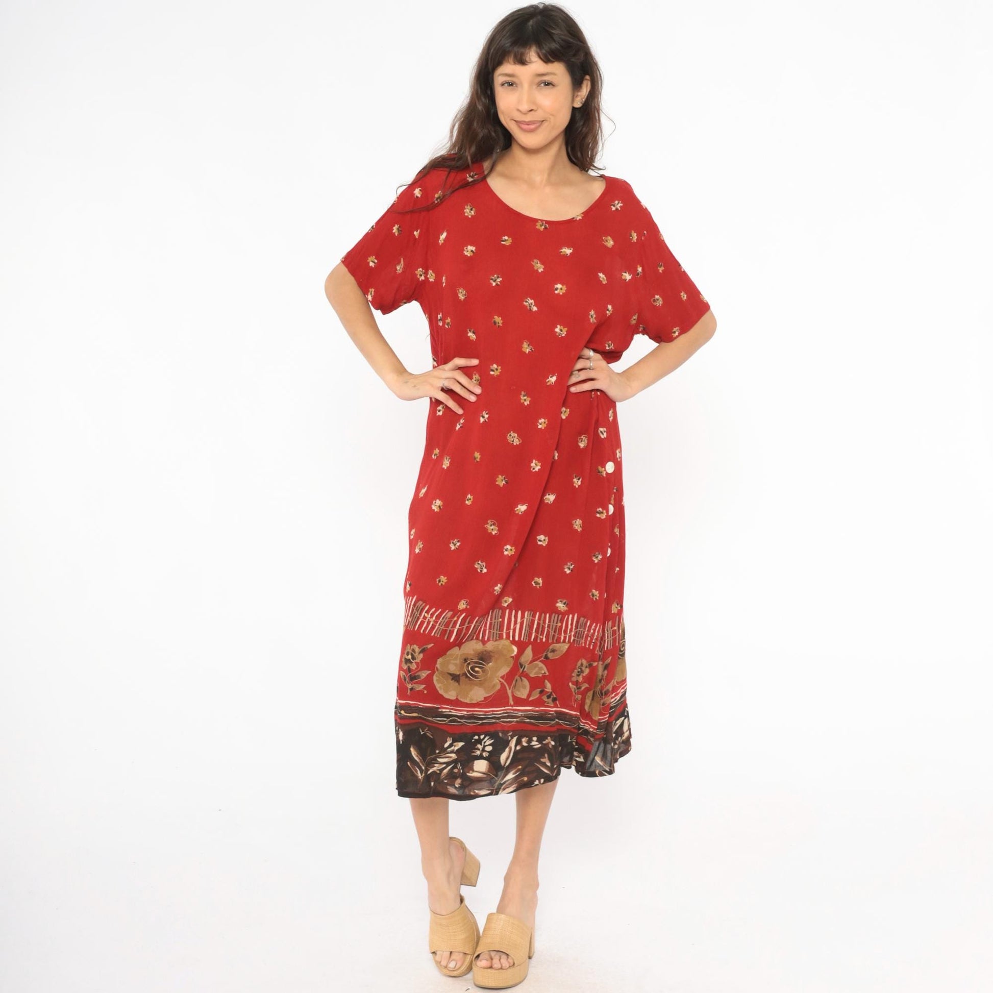 90s Red Floral Maxi Dress Gold Border Button Side Slit Large L