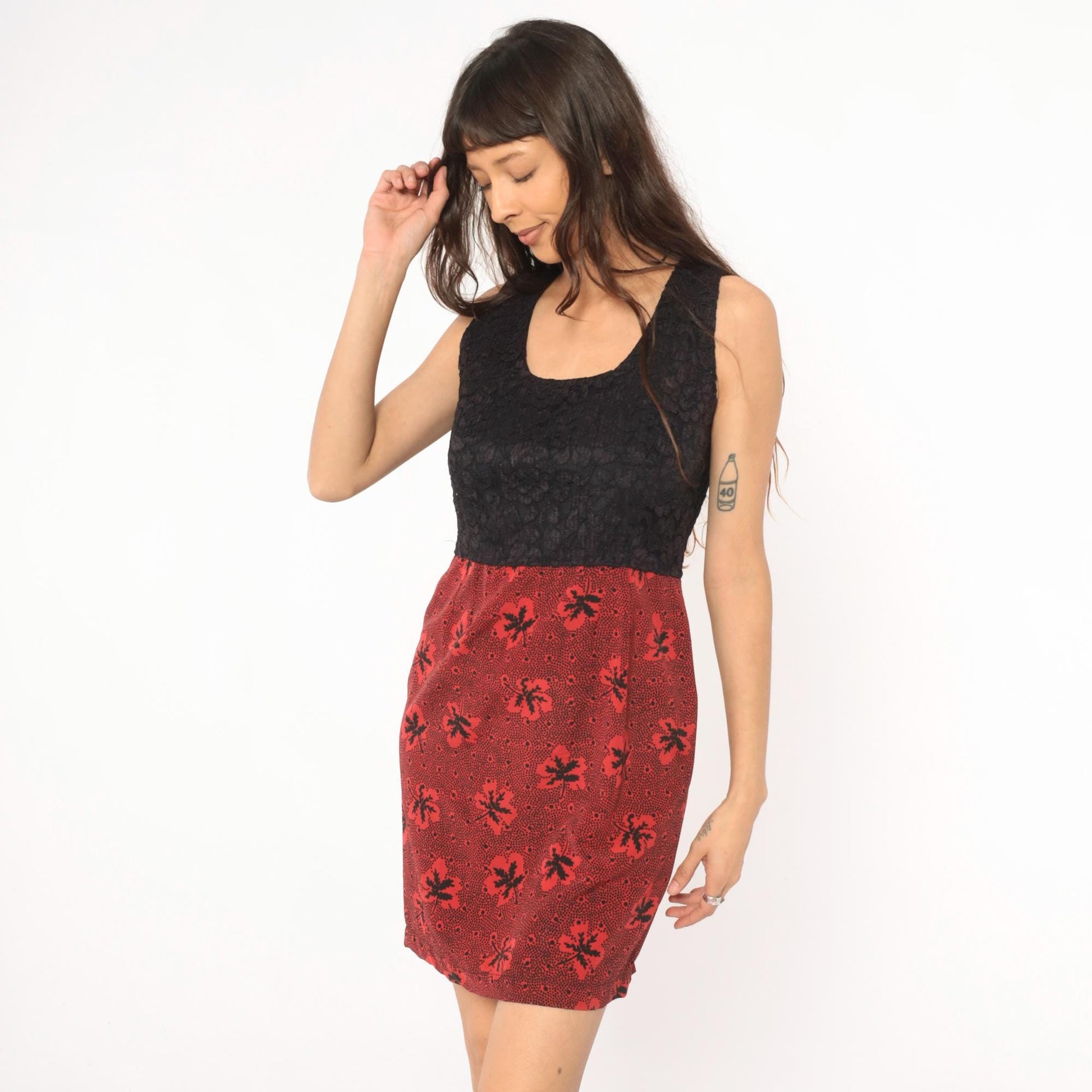 60s Colorblock Mini Dress Black Lace Bodice Red Leaf Print Empire Waist Small