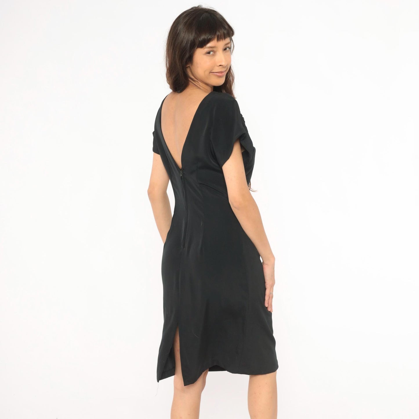 80s Susan Roselli Sequin Beaded Black Sheath Dress Scoop Neck Small S