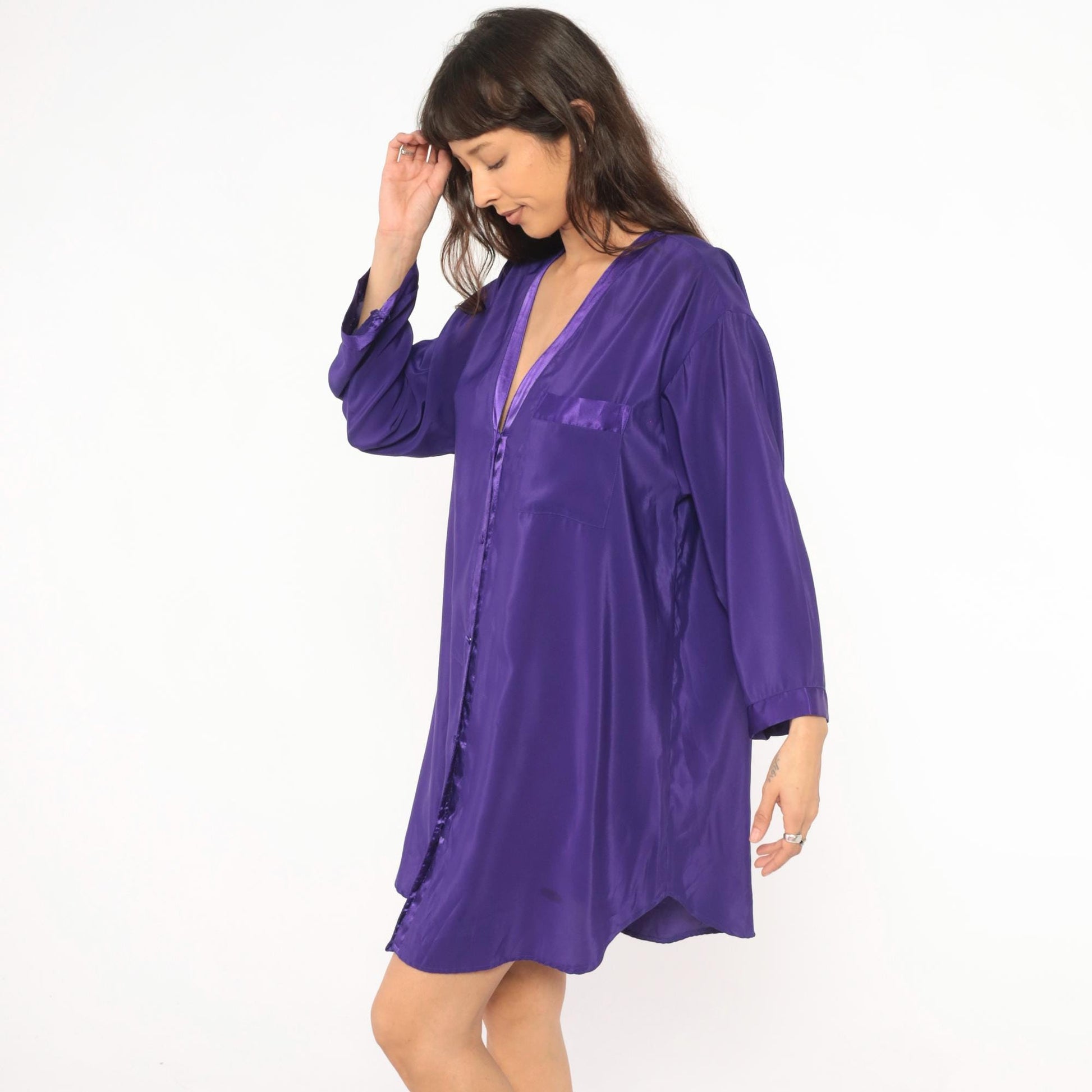 90s Beth Michaels Purple Satin Sleep Shirt Button Front V Neck Knee Length Large L