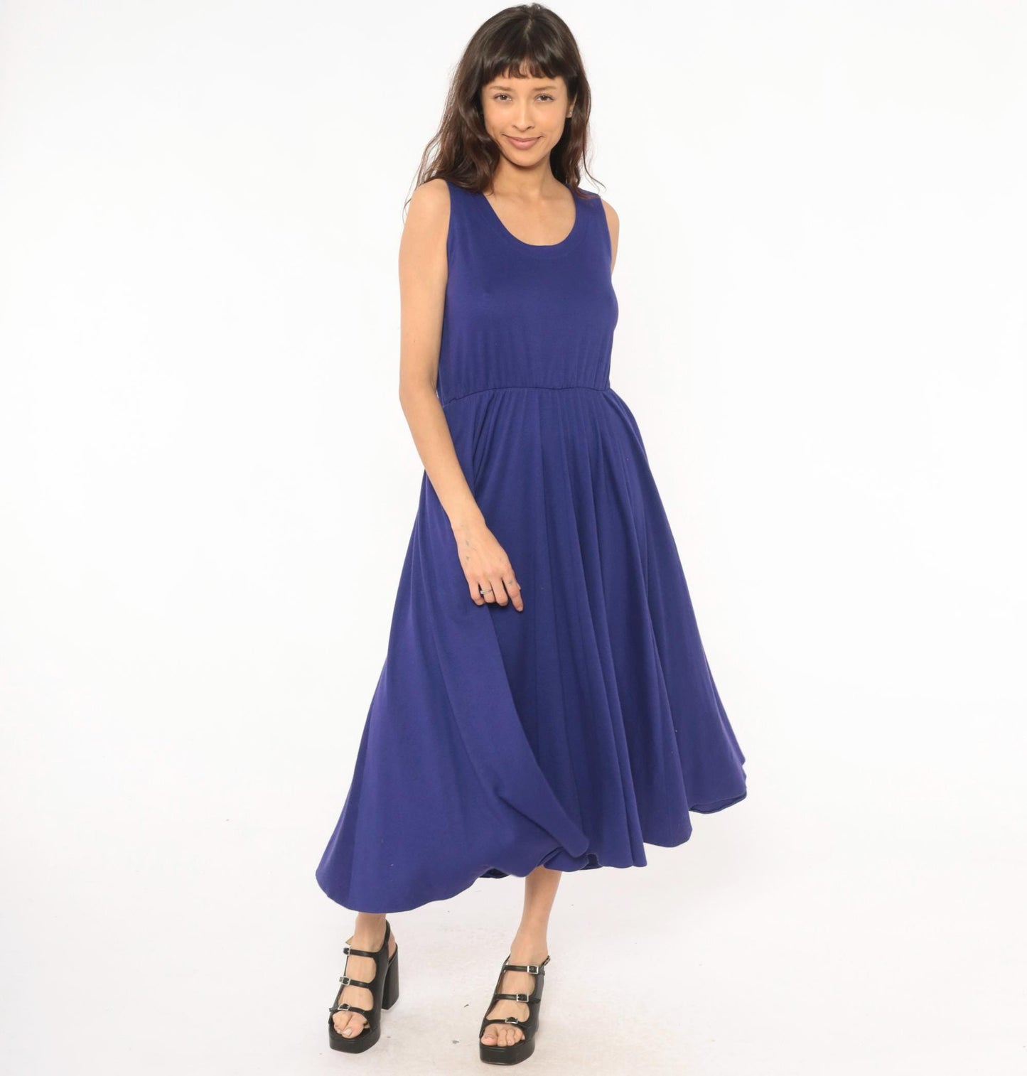 80s Rosemary Brantley Indigo Midi Sundress Scoop Neck Circle Skirt Large L