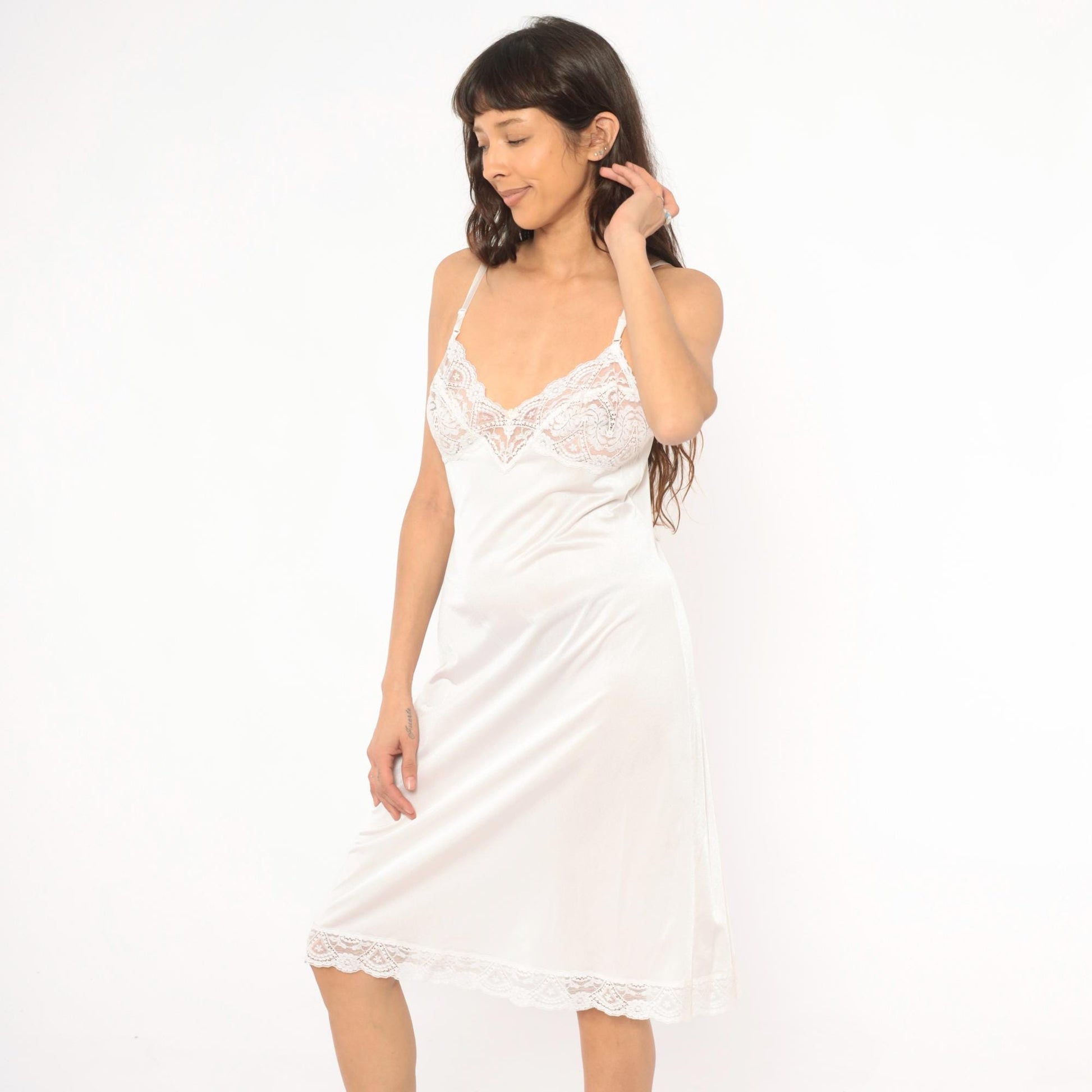 80s Vassarette White Nylon Slip Dress Scalloped Lace Spaghetti Strap Large L