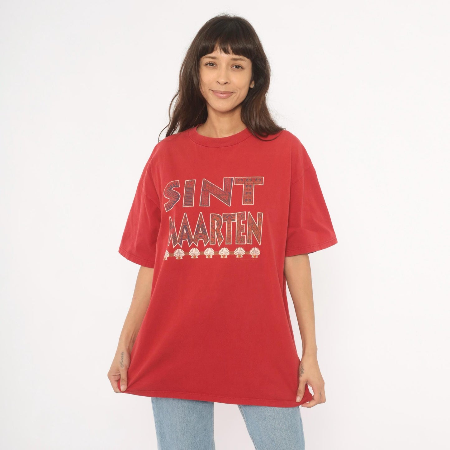 90s Sint Maarten Tribal Seashell Souvenir Tee Red Cotton Extra Large XL