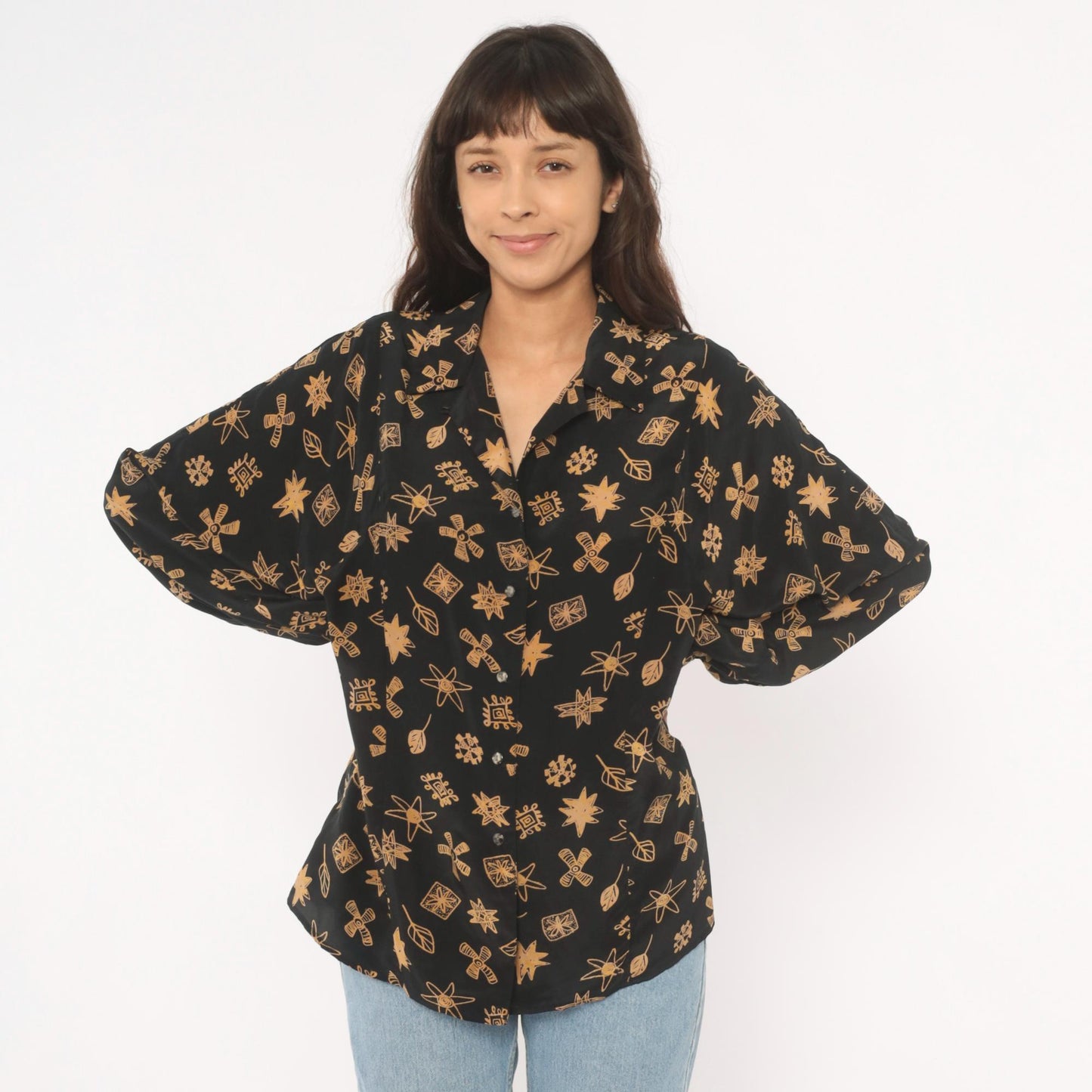 90s Annie Alexander Silk Blouse Black Gold Abstract Print Notched Collar Large L