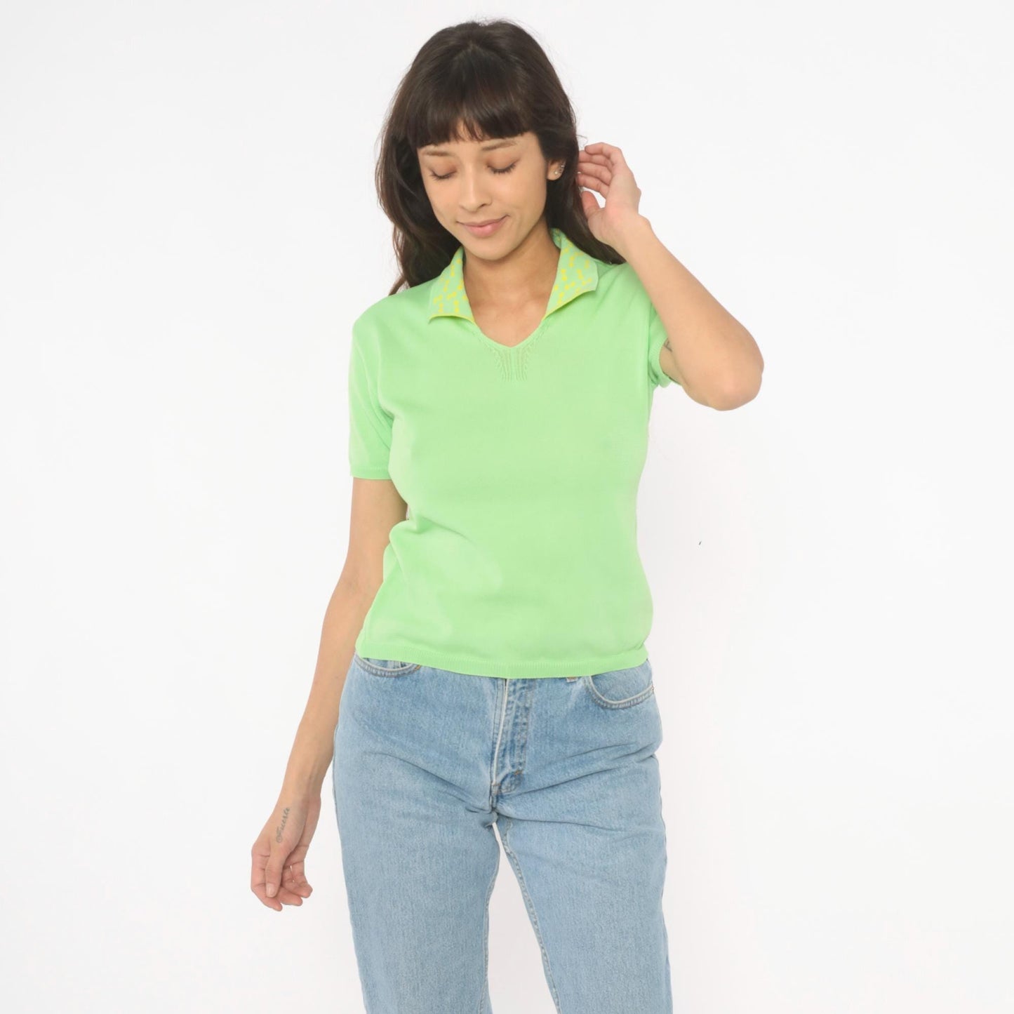90s Lime Green Polo Knit Yellow Patterned Collar Fitted Pullover Small