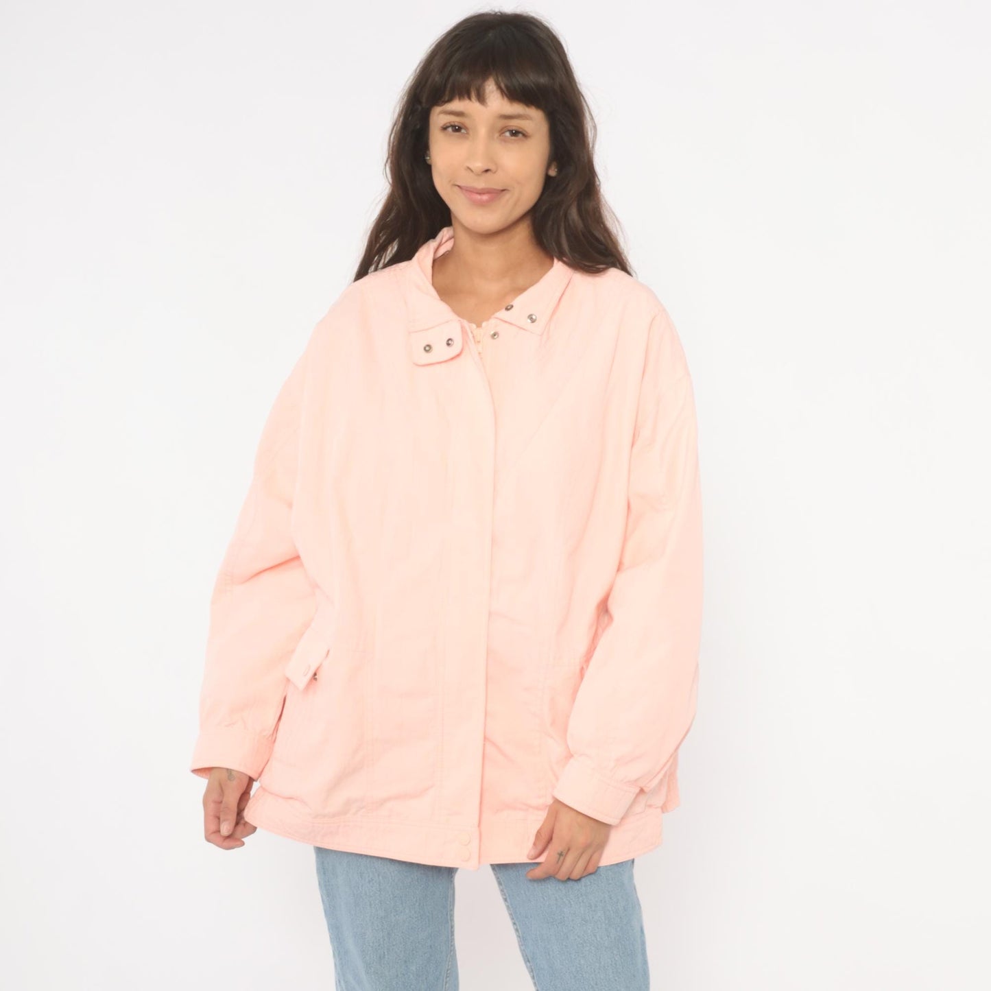 80s Aurora International Windbreaker Jacket Peach Snap Collar Zip Front Extra Large XXL