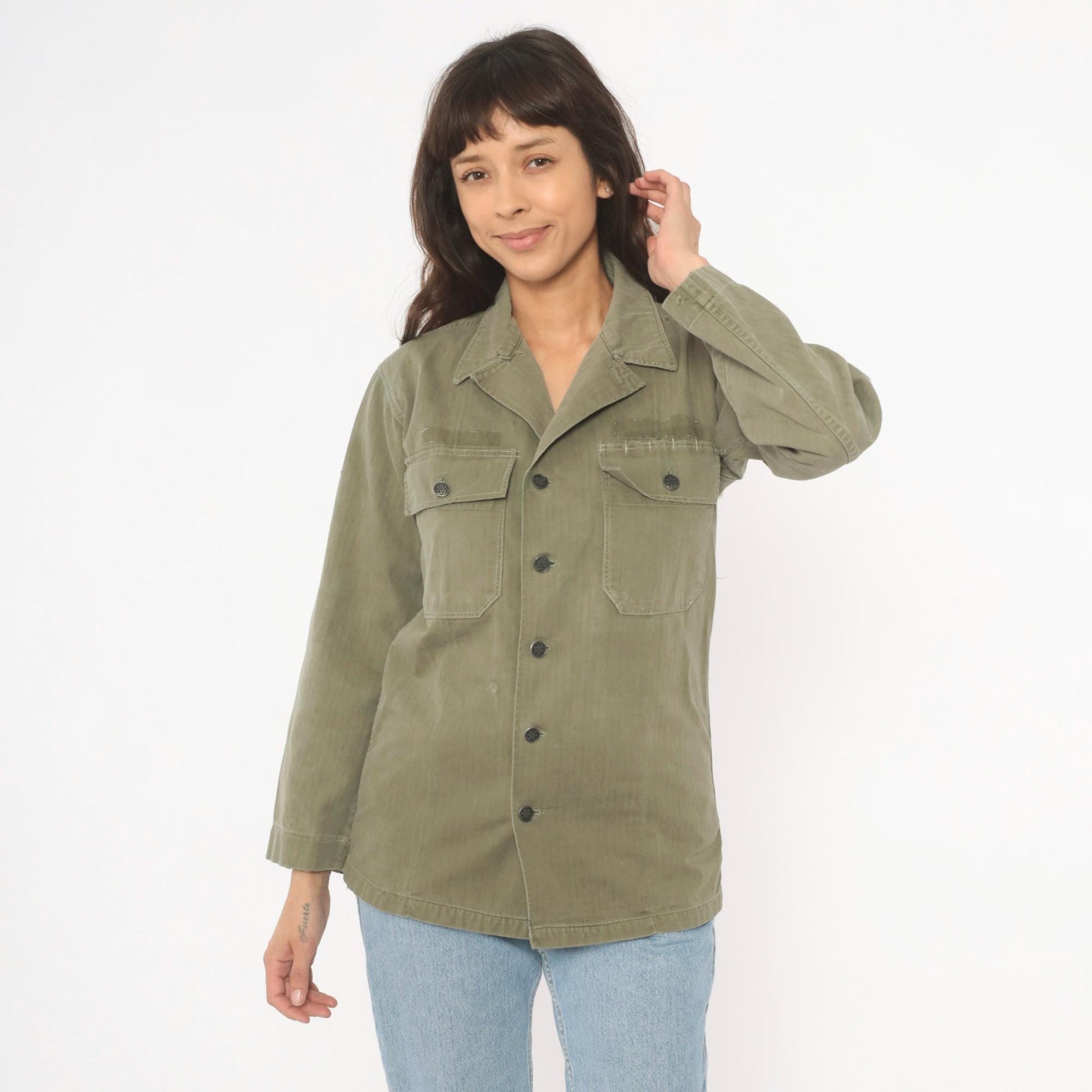 1940s HBT Military Field Jacket Olive Drab Cotton Army WWII Small