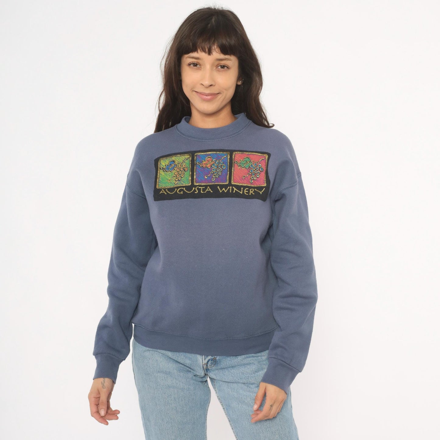 90s Fruit of the Loom Vineyard Crewneck Sweatshirt Slate Blue Graphic Small