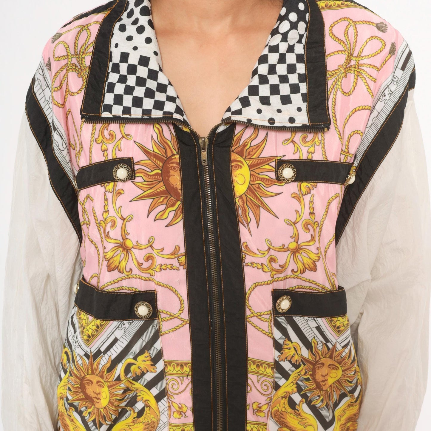 90s Giacca Sport Celestial Baroque Windbreaker Pink Gold Zip Jacket Large L