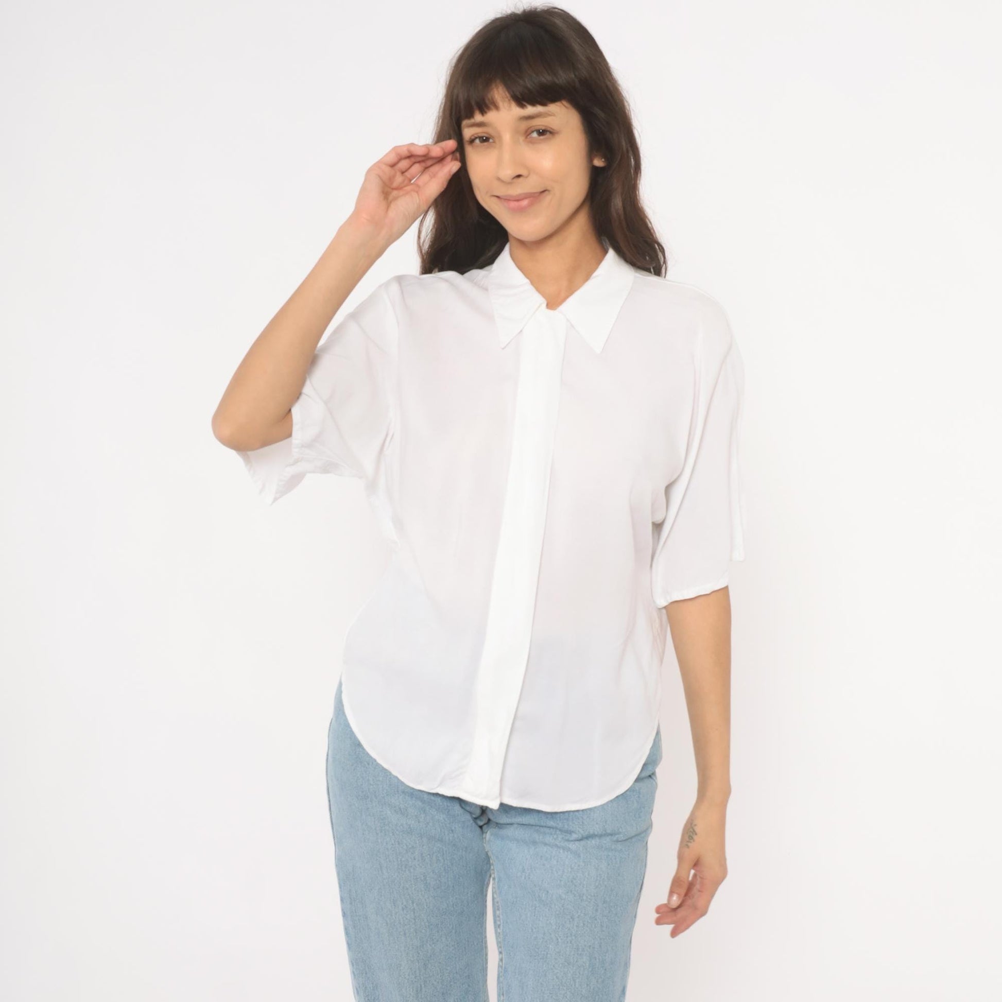 90s White Pointed Collar Blouse Hidden Placket Relaxed Fit Medium M