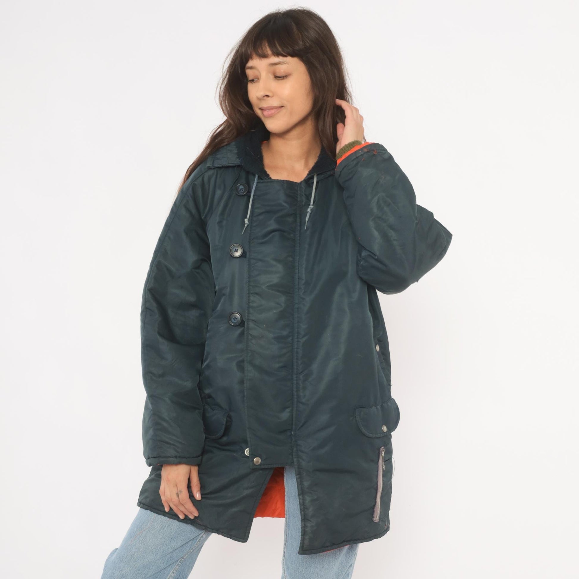 80s La Mart Navy Puffer Parka Sherpa Collar Hooded Winter Coat Large