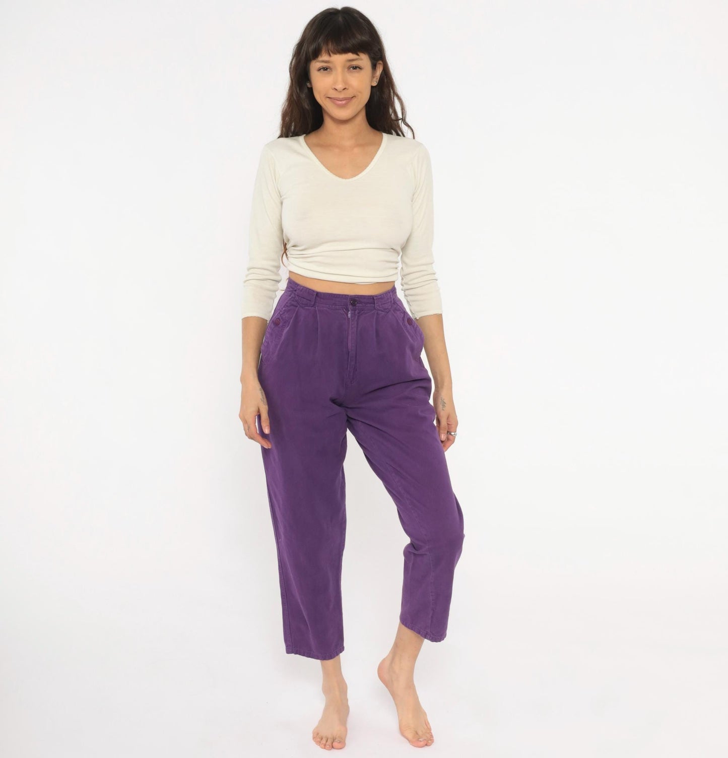 90s Sierra Purple Pleated High-Waisted Trousers Cotton Tapered Ankle XS