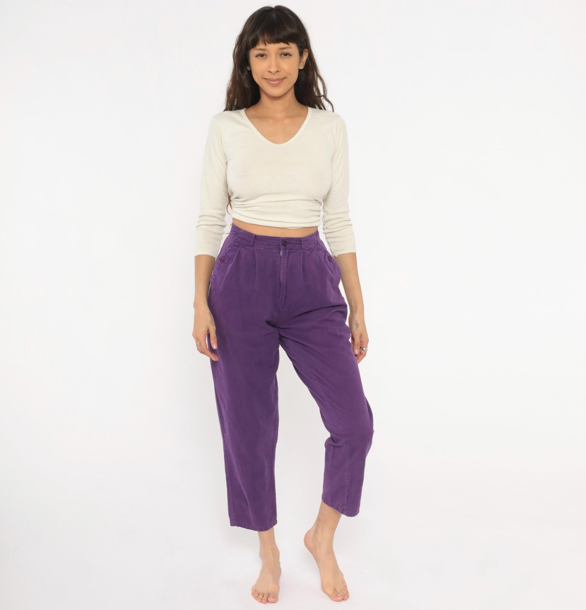 90s Sierra Purple Pleated High-Waisted Trousers Cotton Tapered Ankle XS