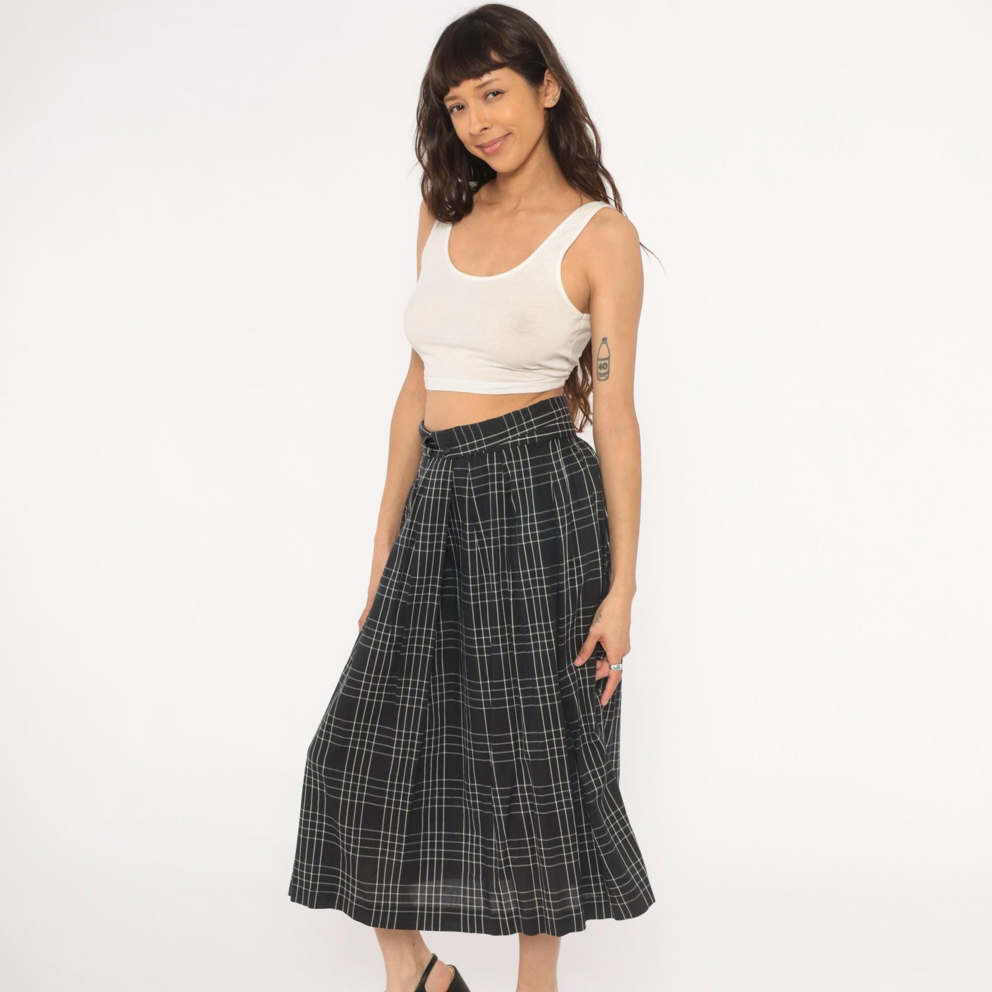80s Heron Cove Casuals Windowpane Plaid Midi Skirt Black White Pleated Large L