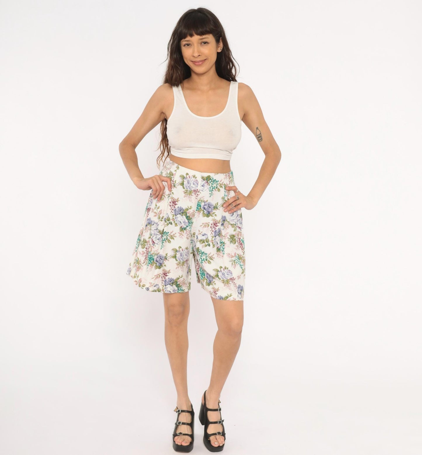 90s Floral Culotte Shorts High Waist Wide Leg Ivory Purple Rose Medium
