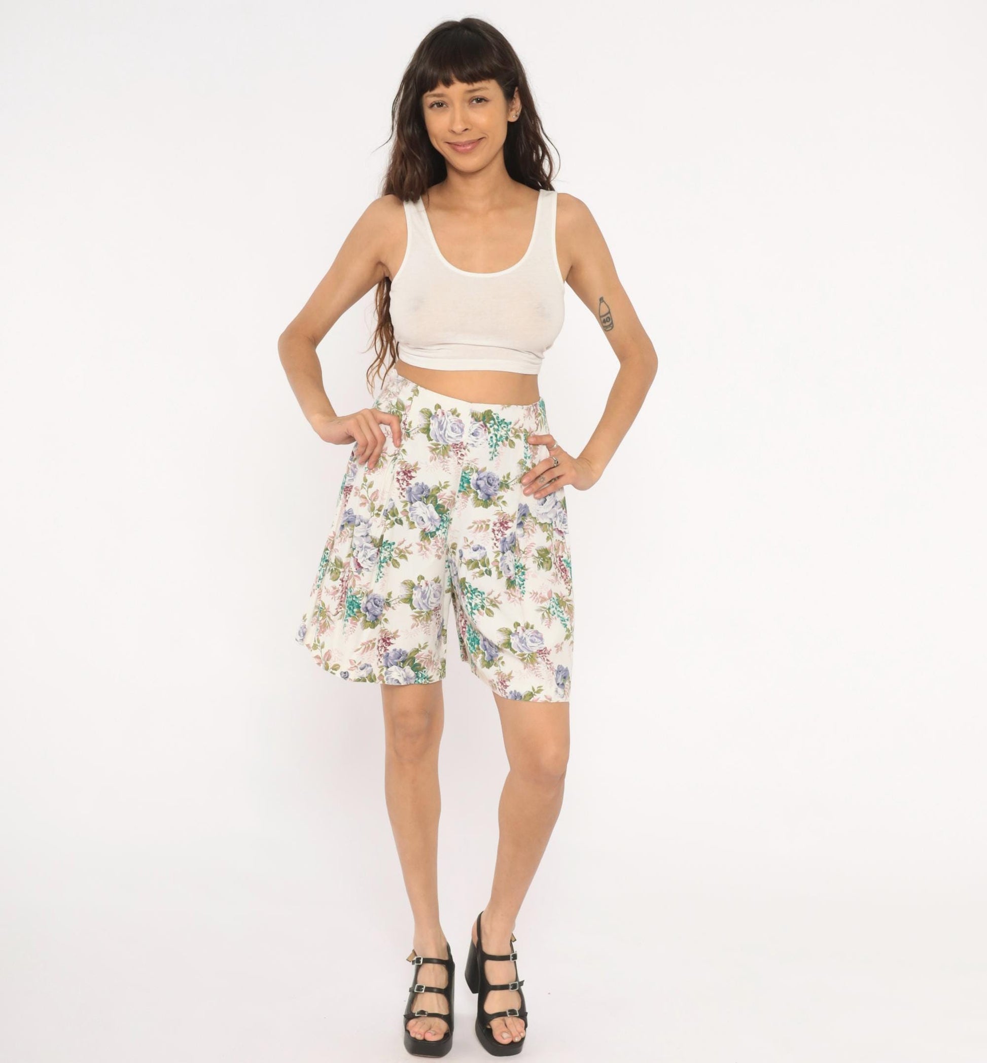 90s Floral Culotte Shorts High Waist Wide Leg Ivory Purple Rose Medium