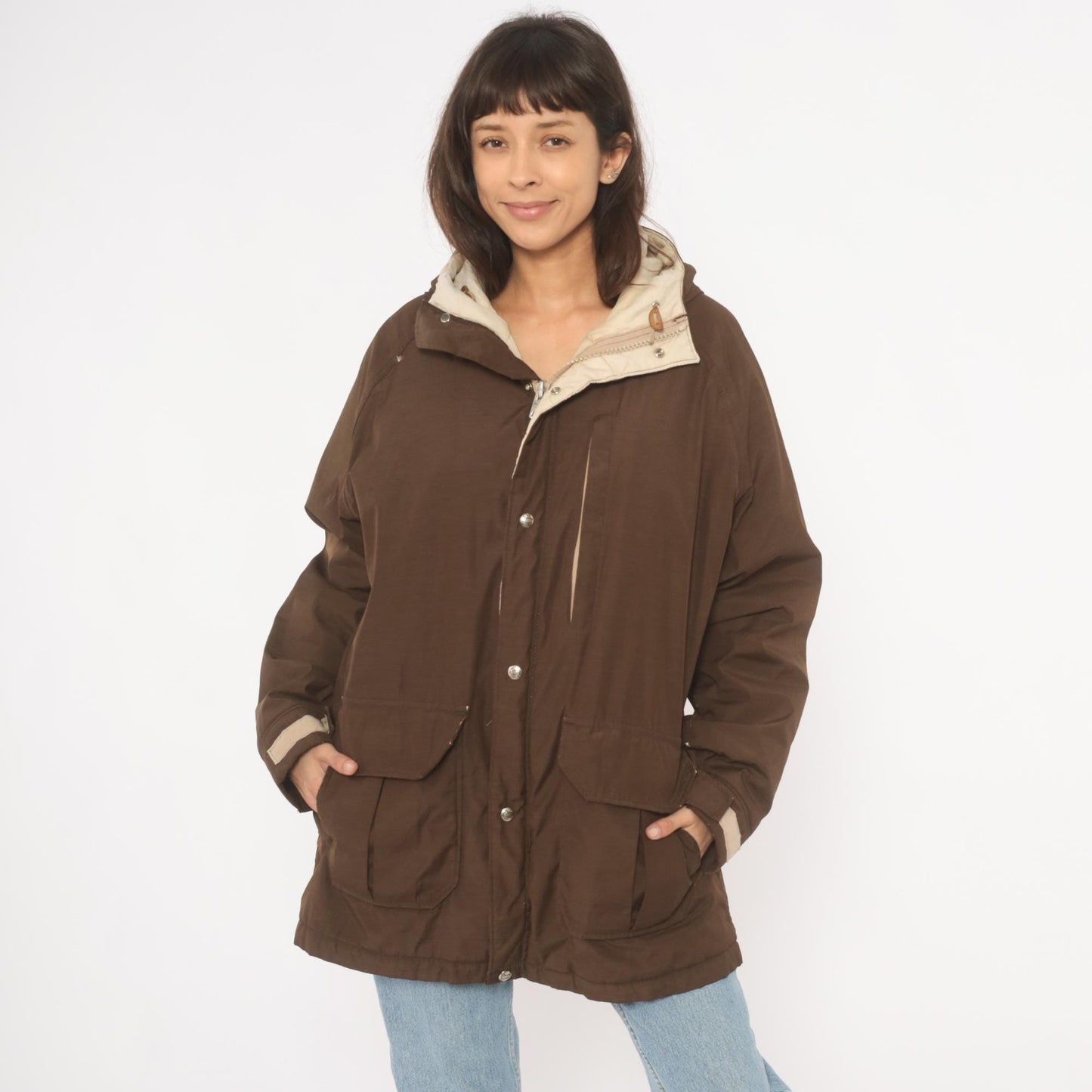 80s Woolrich Brown Hooded Parka Cargo Pockets Tan Quilted Lining Large