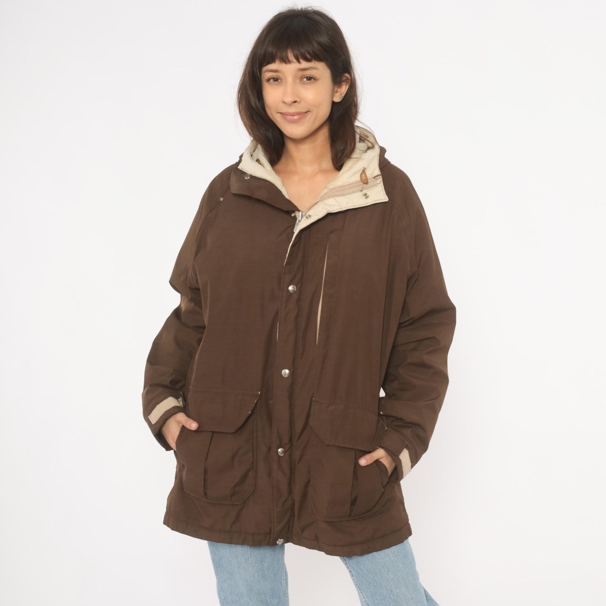 80s Woolrich Brown Hooded Parka Cargo Pockets Tan Quilted Lining Large