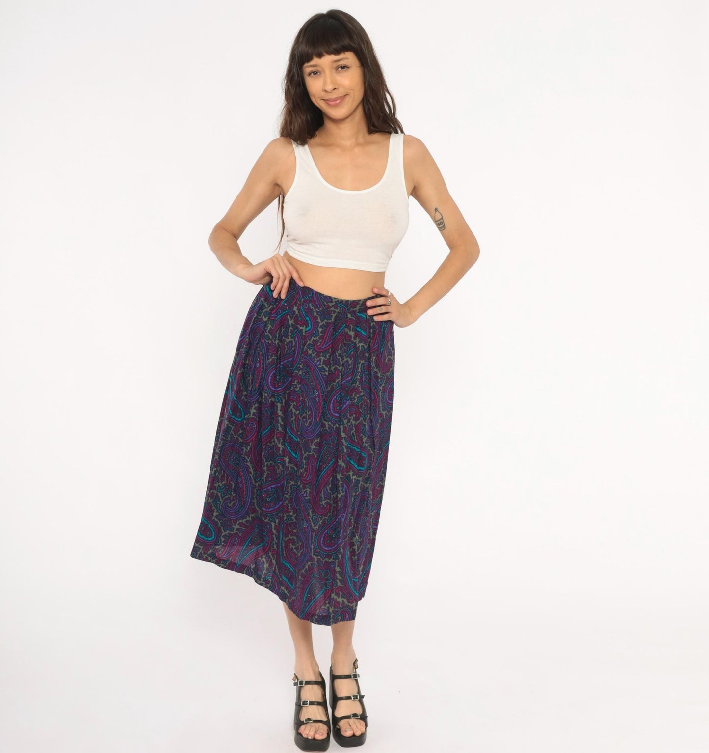 80s Paisley Midi Skirt Purple Teal A-Line Gathered Waist Small Medium