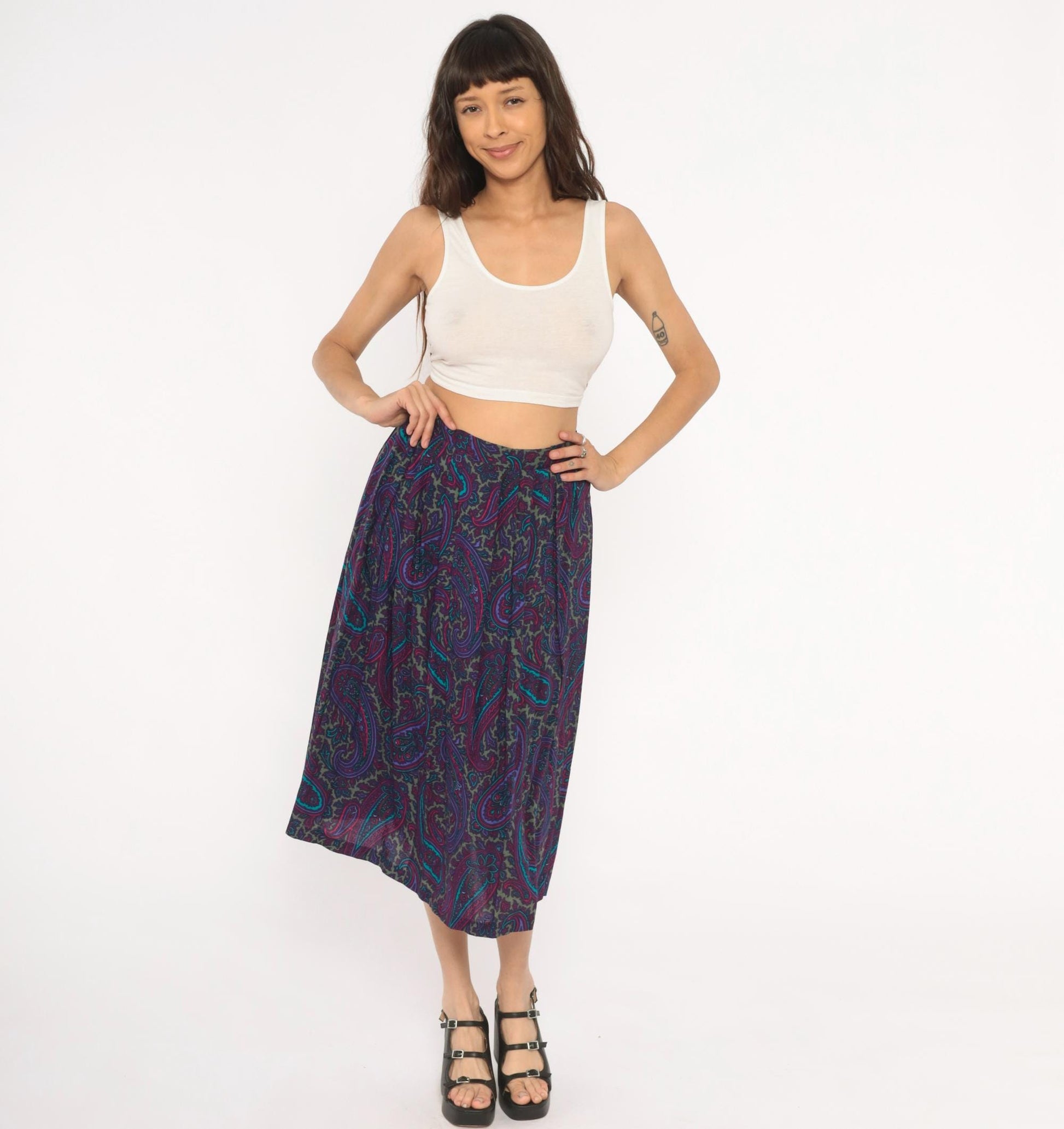 80s Paisley Midi Skirt Purple Teal A-Line Gathered Waist Small Medium