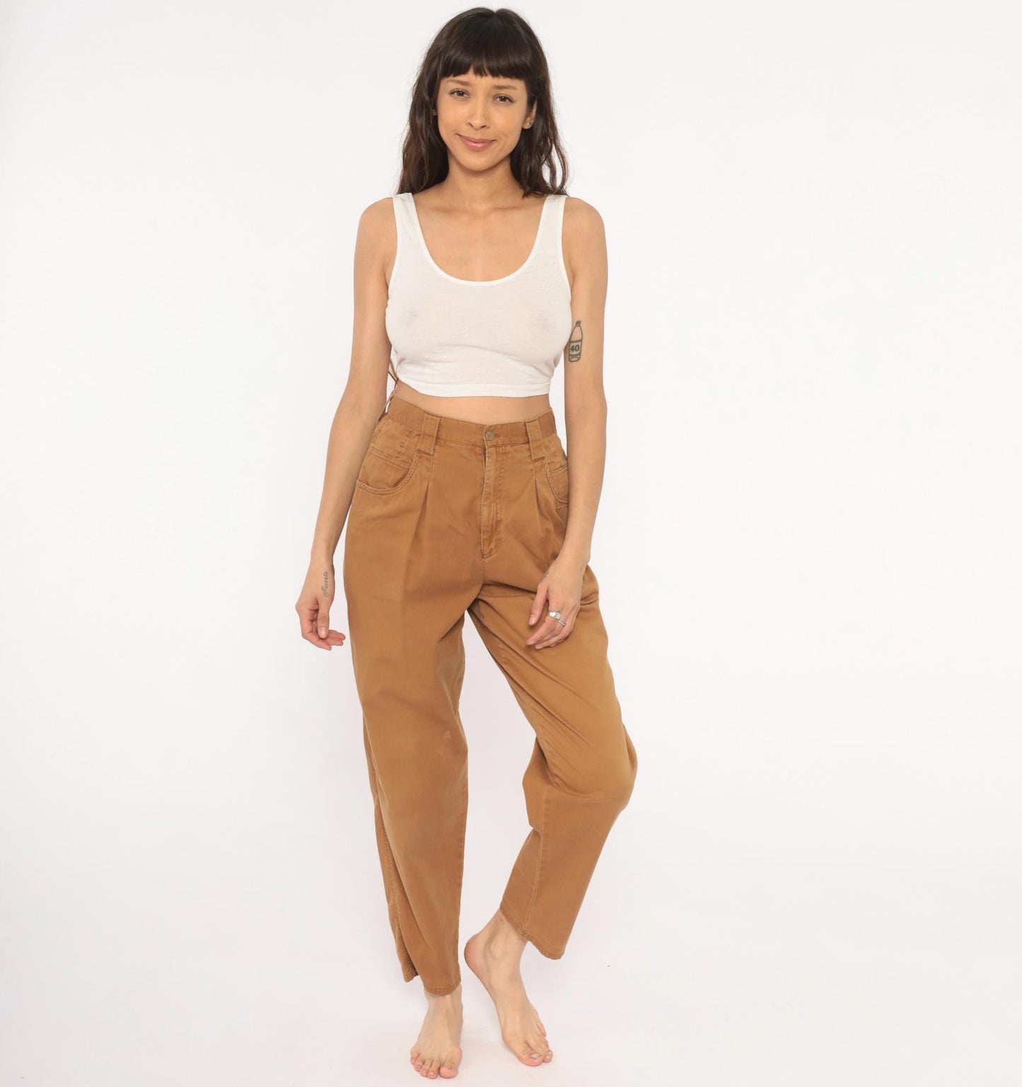 90s Pleated Trousers Mustard Cotton High Waisted Tapered Small S