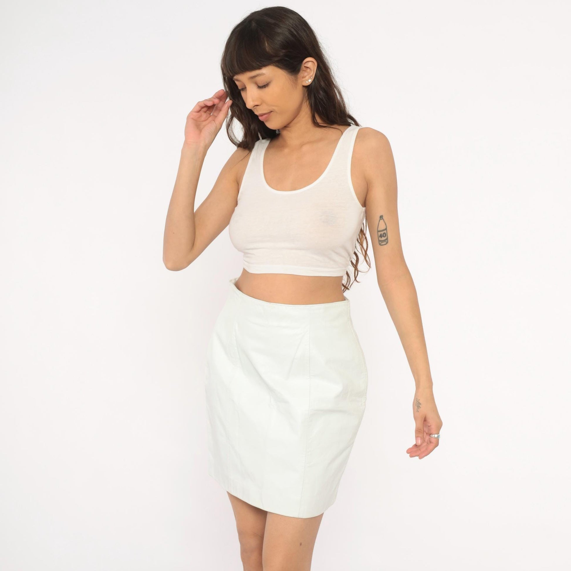 90s Byrnes & Baker White Leather Mini Skirt High Waist Pencil Medium M
