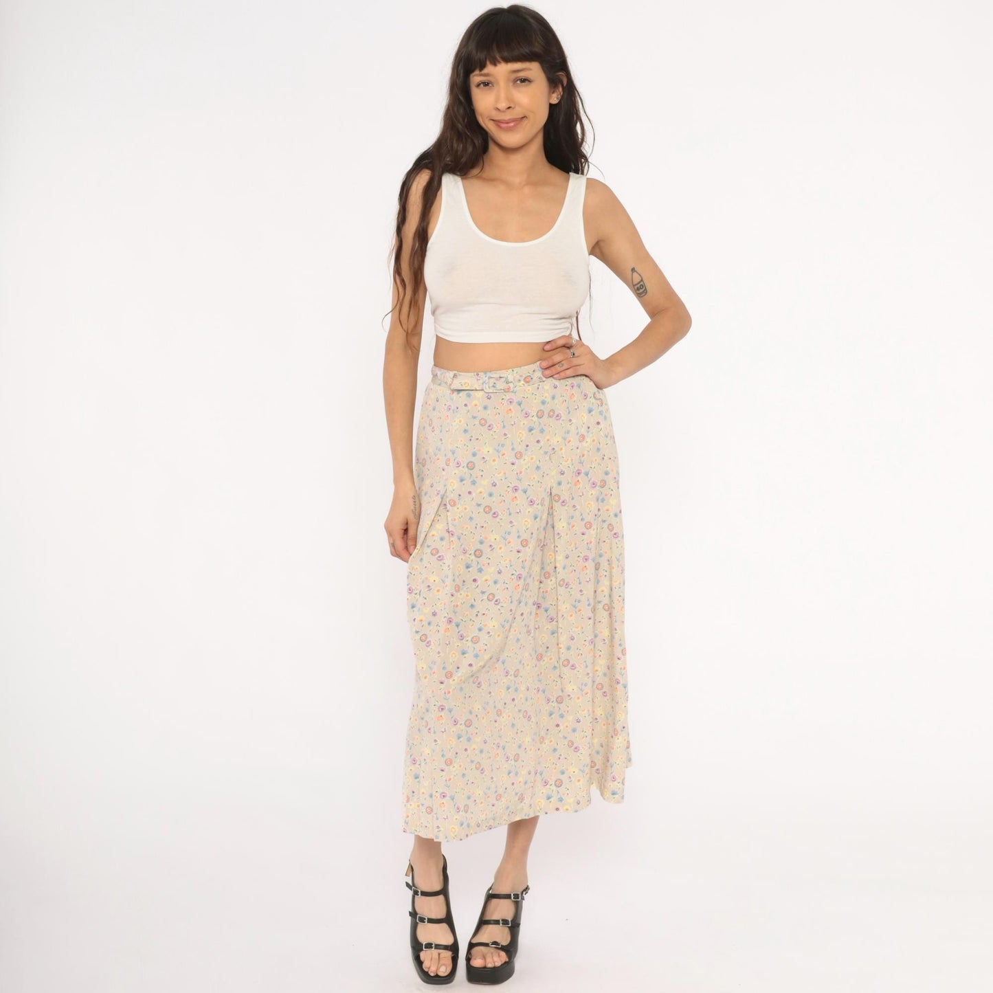 80s FT Studio Floral Midi Skirt Cream Pastel Ditsy Small Medium