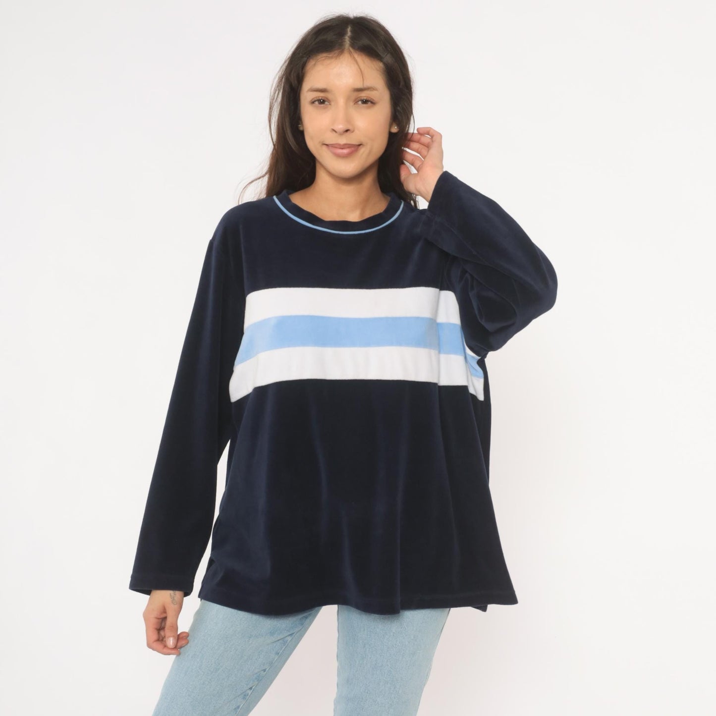 2000s St Johns Bay Navy Velour Sweatshirt Striped Chest Panel Extra Large XL
