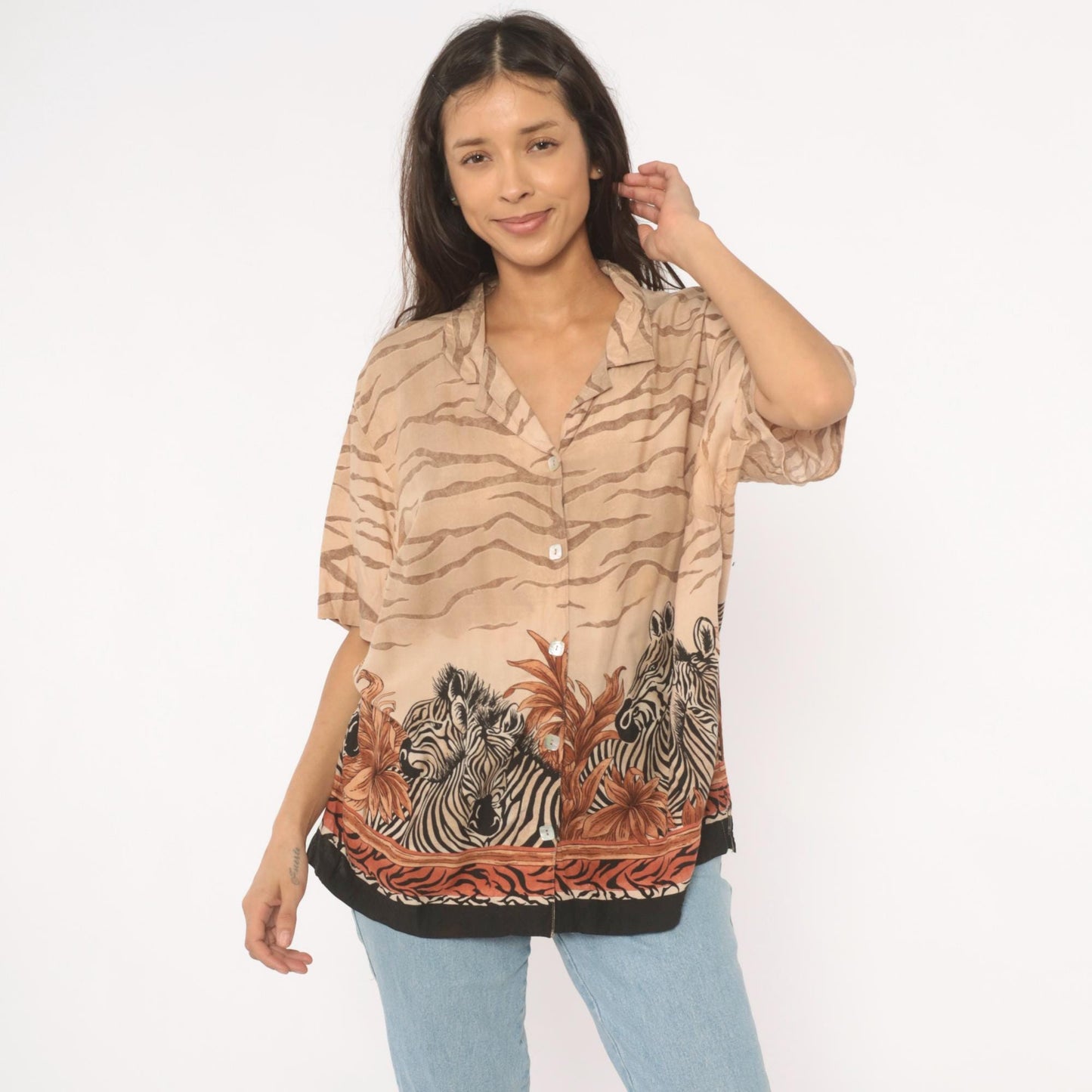 90s Teddi Zebra Safari Camp Collar Shirt Animal Print Tan Large L
